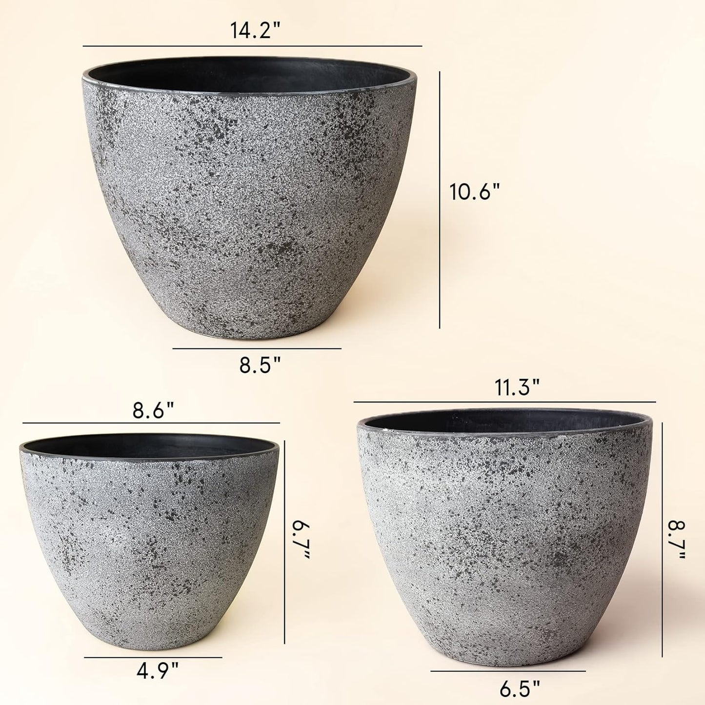LA JOLIE MUSE 14.2/11.3/8.6 Inch Planters,Set of 3 Indoor/Outdoor Round Planters,Grey Tree Planters,Plant Container with Drain Holes,Flower Pots for Patio and Deck