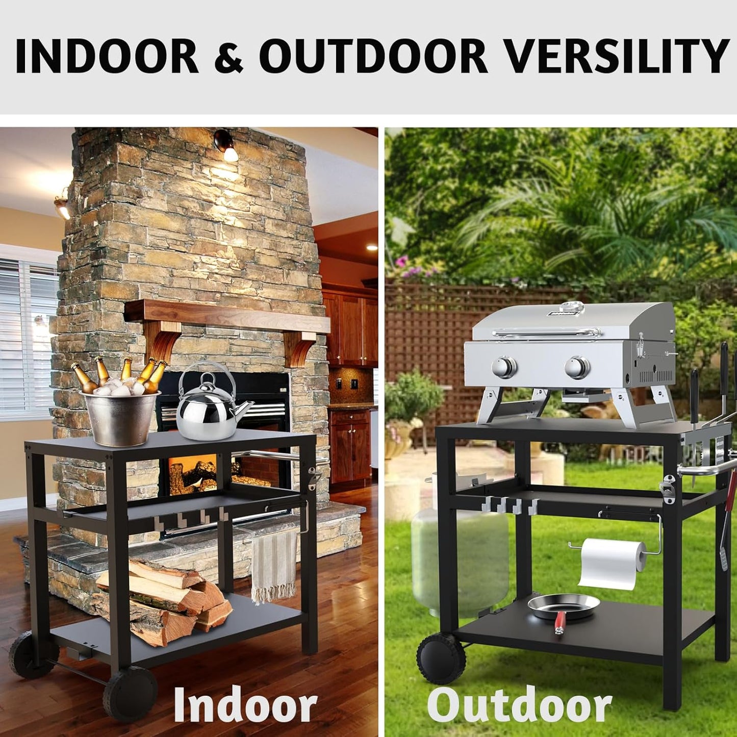 29.5''x19.6'' Outdoor Grill Cart, Pizza Oven Table Stand, 3-Shelves Food Prep Table for Ninja Woodfire, Ooni Pizza Oven, 17'' & 22'' Blackstone Griddle, Grill Stand for Picnic, Camping