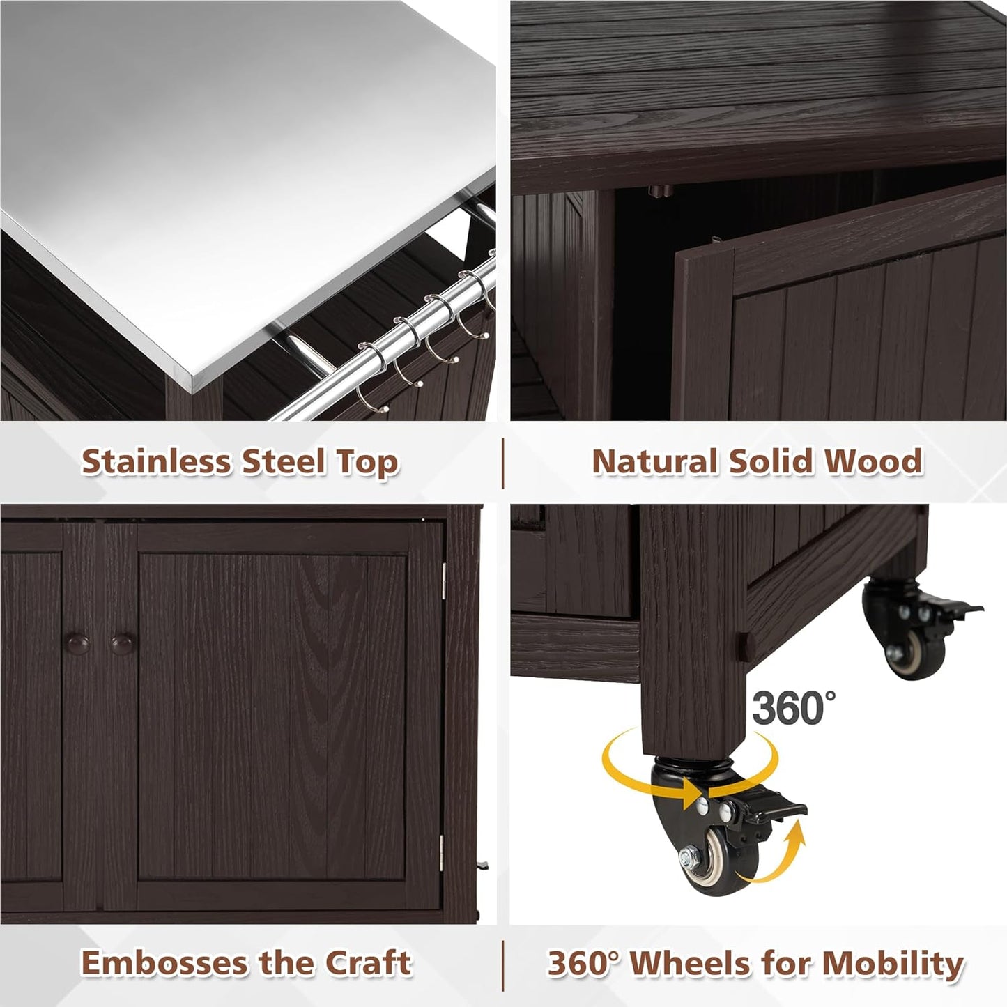 Spurgehom Outdoor Grill Table Solid Wood Storage Cabinet, Rolling Kitchen Island, Movable Bar Cart with Stainless Steel Top for Outside Patio, Backyard, Garden (Two Doors)