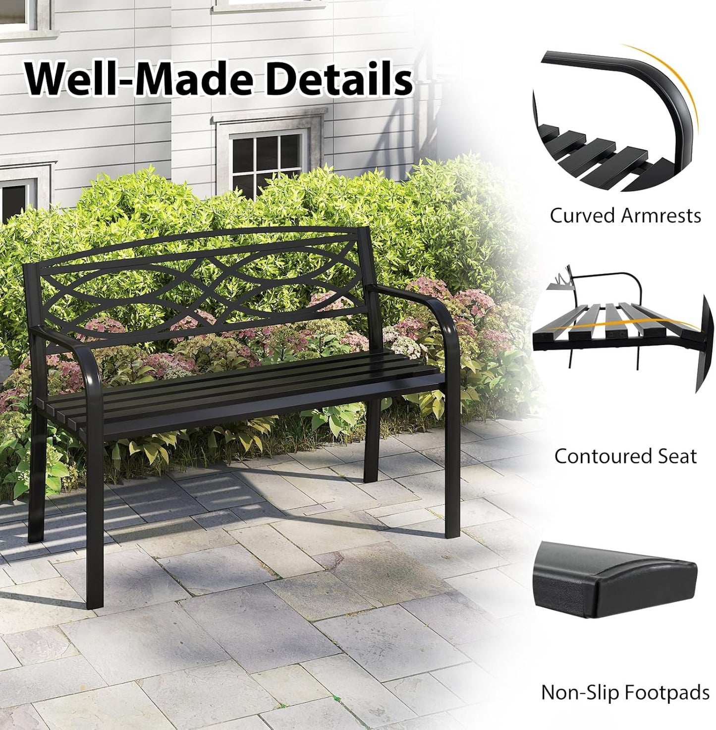 Tangkula Outdoor Metal Garden Park Bench, Heavy-Duty Metal Slatted Loveseat for 2 People with Curved Armrests & Backrest, Patio Park-Style Seating Furniture for Backyard, Poolside, Porch