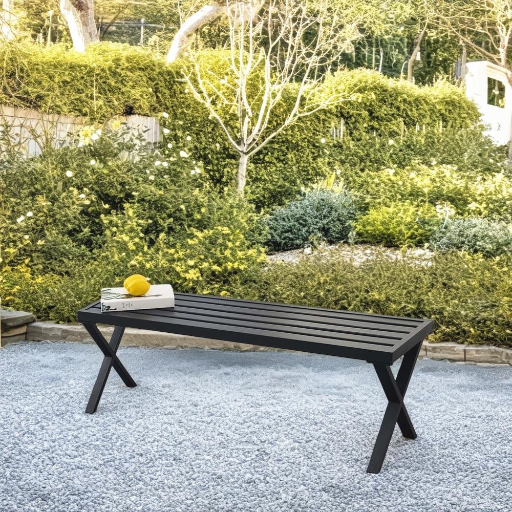 Backless Outdoor Bench Set of 2, Metal Patio Bench, Garden Bench for Front Porch, Backyard and Deck, Black