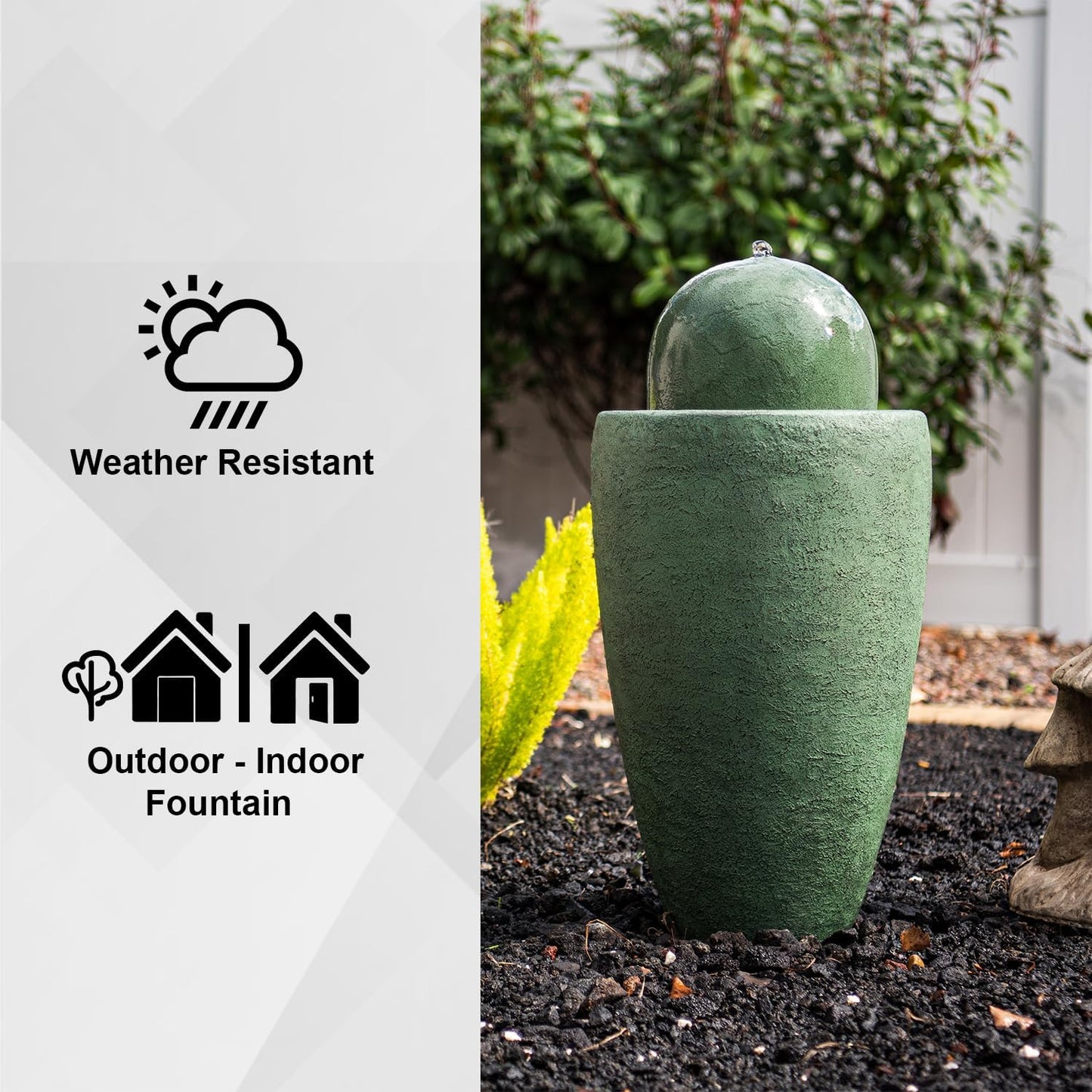 XBrand 25.98" H Round Stone Indoor/Outdoor Modern Stone Textured Sphere Water Fountain w/LED Lights, Green