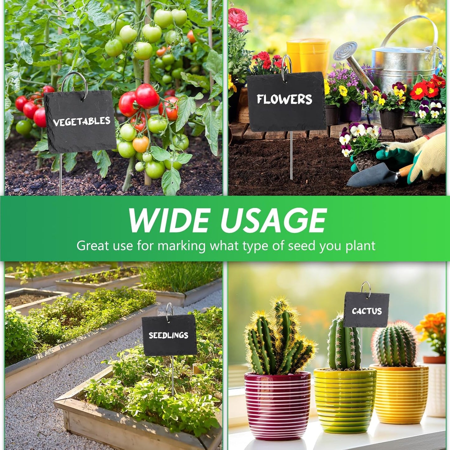 12 Sets Plant Labels Slate Plant Tags Garden Sign Marker Weatherproof Reusable Natural Slate Garden Sign Hanging Tag with Metal Stake and Pen for Outdoor Flower Vegetable(Rectangle)