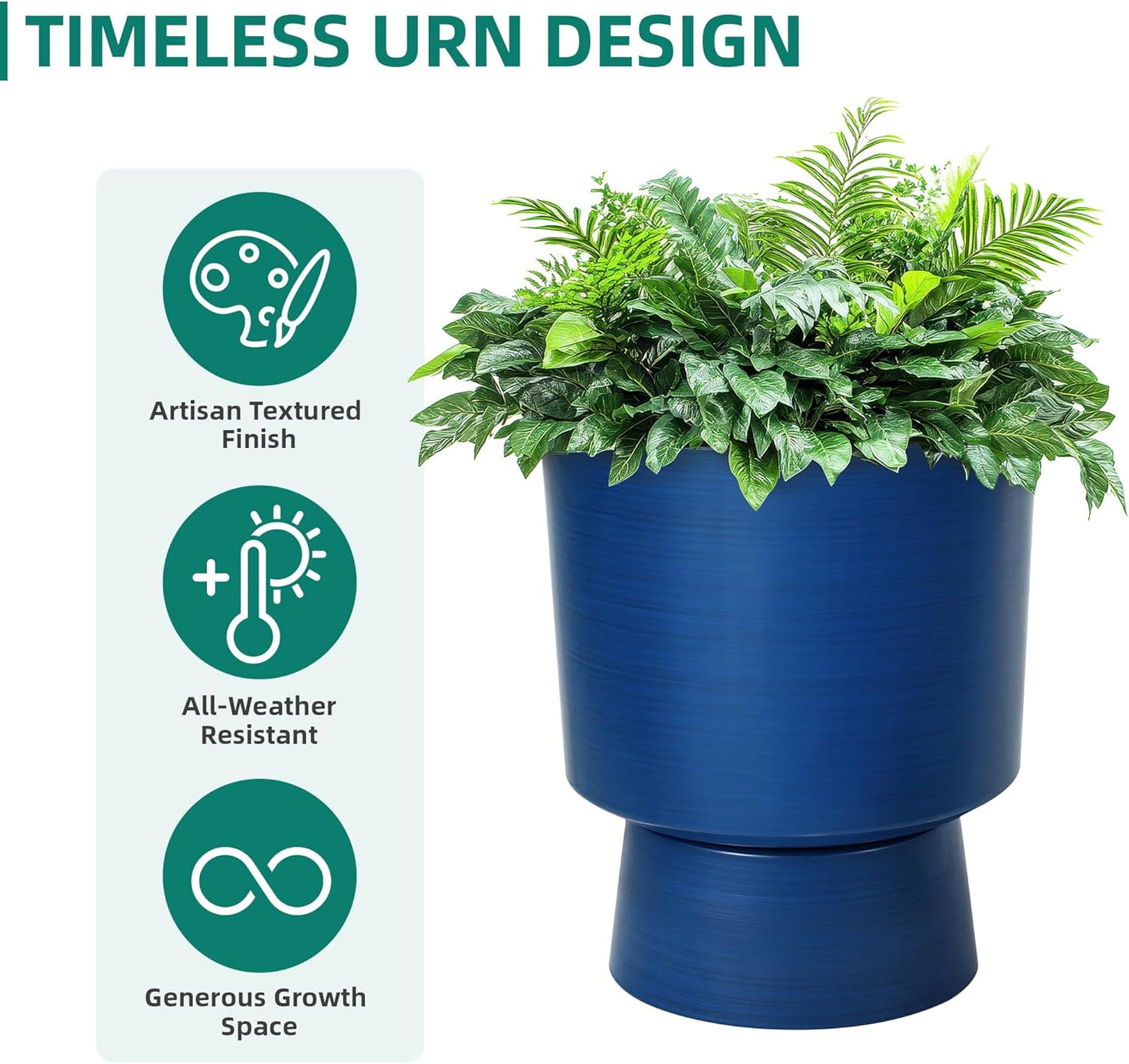 16.75" H Urn-Style Tall Planters, 2-Pack Modern Large Flower Pots for Outdoor Indoor, 2-in-1 Design Plant Containers for Garden Patio Yard Balcony Porch or Home Decor, Cobalt Blue, UV-Protect