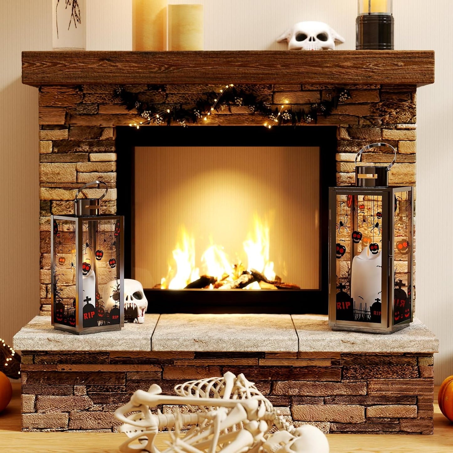 MATICO Stainless Decorative Candle Lantern Set of 3, Hanging Decor Hurricane Lantern Candle Holder for Festival Ceremony Home Decor, Both Indoor & Outdoor Use,Halloween