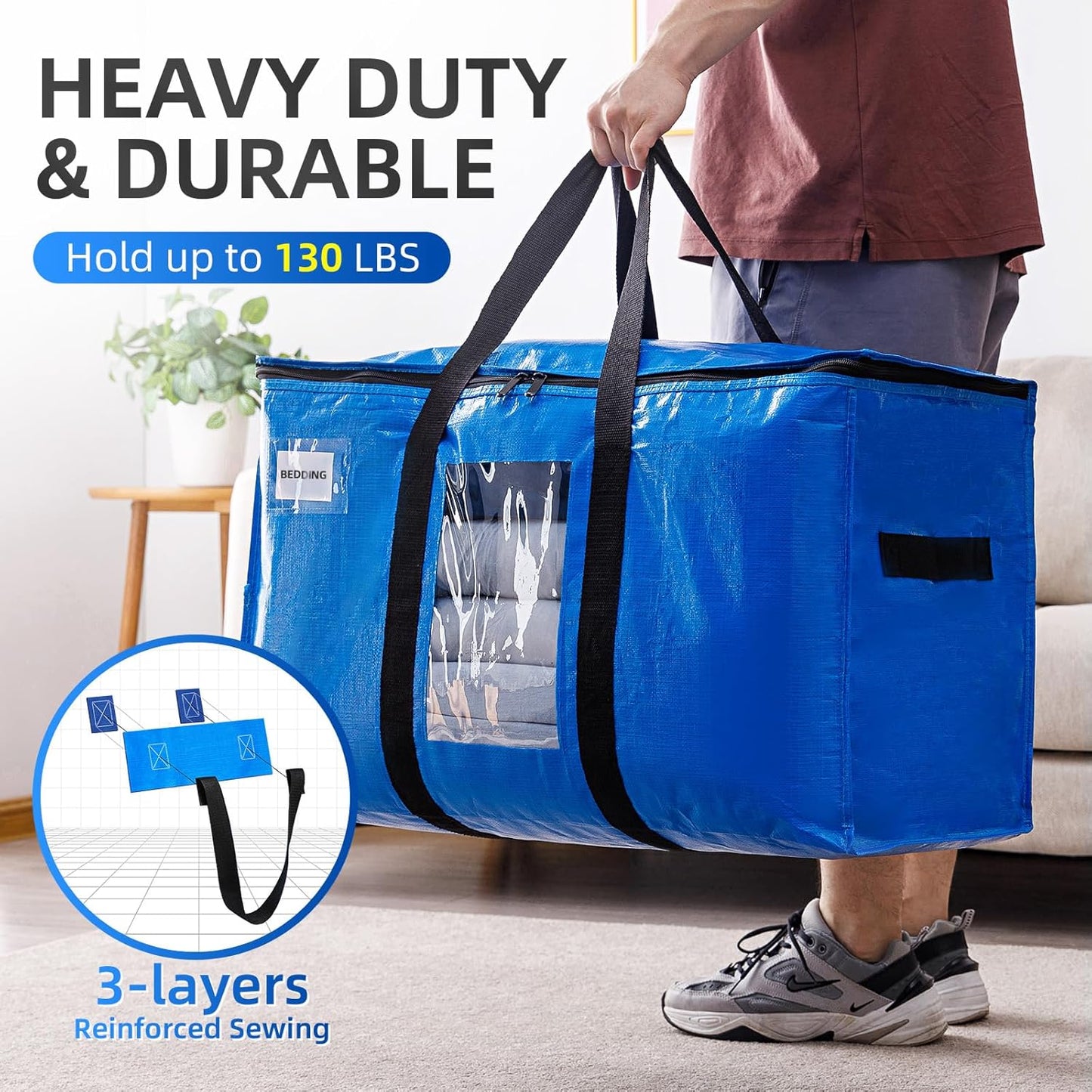 TAILI Extra Large Moving Bags, 2 Pack Blue Heavy Duty Totes For Storage with Visible Window, Wrap Around Handles, Storage Bags for Space Saving, Alternative to Moving Boxes
