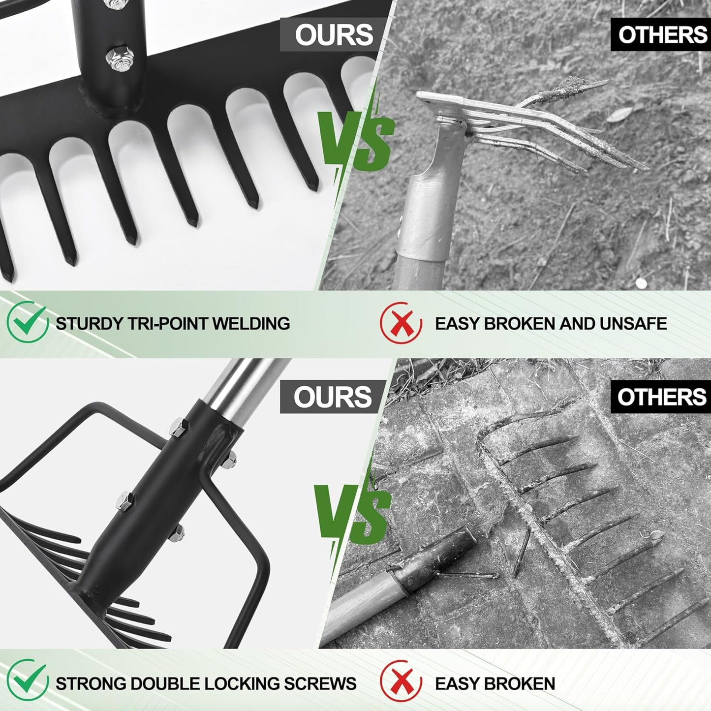 15 Inch Wide Bow Rake, 16 Steel Tines Metal Head Rake Tool with Stainless Steel Handle, Adjustable Long Handle Garden Rake for Loosening Soil Leveling Mulch Gathering Lawns Leaves