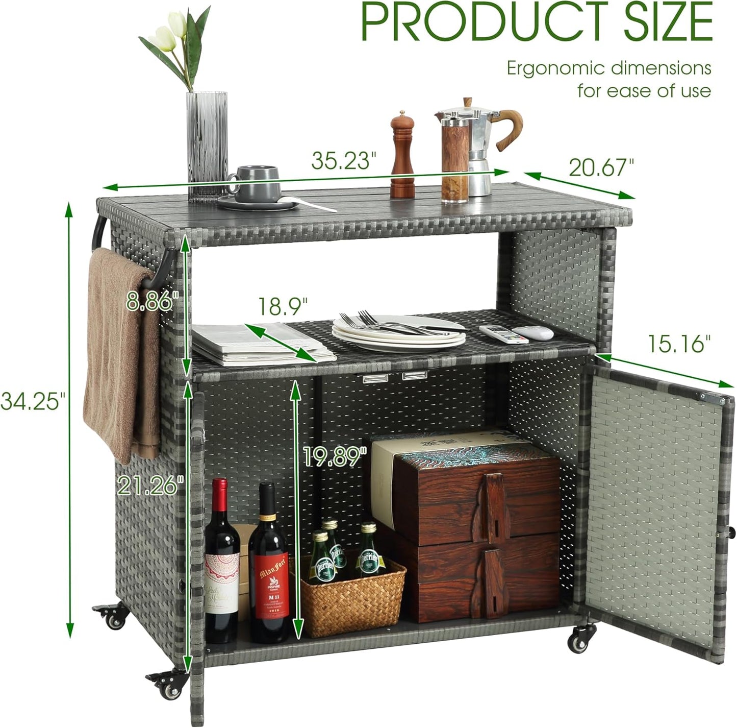 HOMEFUN Outdoor Grill Carts with Storage Cabinet - Outside Bar Cart with Wheels Wicker Patio Kitchen Island Table Weatherproof Prep Stand, Grey