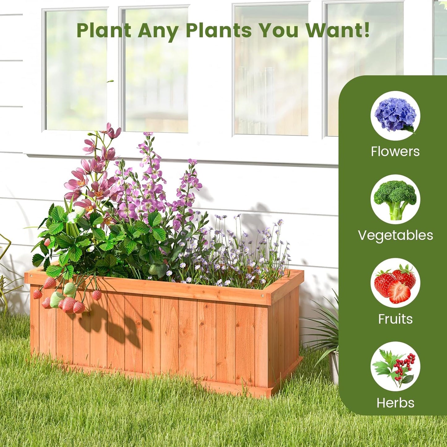 HAPPYGRILL Raised Garden Bed, Outdoor Elevated Flower Box w/ 4 Drainage Holes & Detachable Bottom Panels, Wood Planter Box for Vegetables Flowers Herbs & Fruits Growing, 31” x 14” x 12”