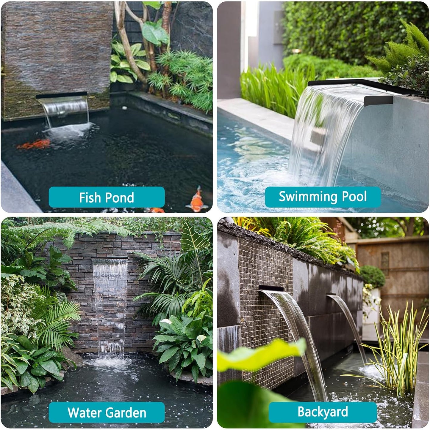 All-in-1 Pond Waterfall Kit with LED Lights, 12 inch Stainless Steel Spillway with 880GPH Water Pump, Outdoor Waterfall Fountain for Water Feature, Garden, Backyard, Pool