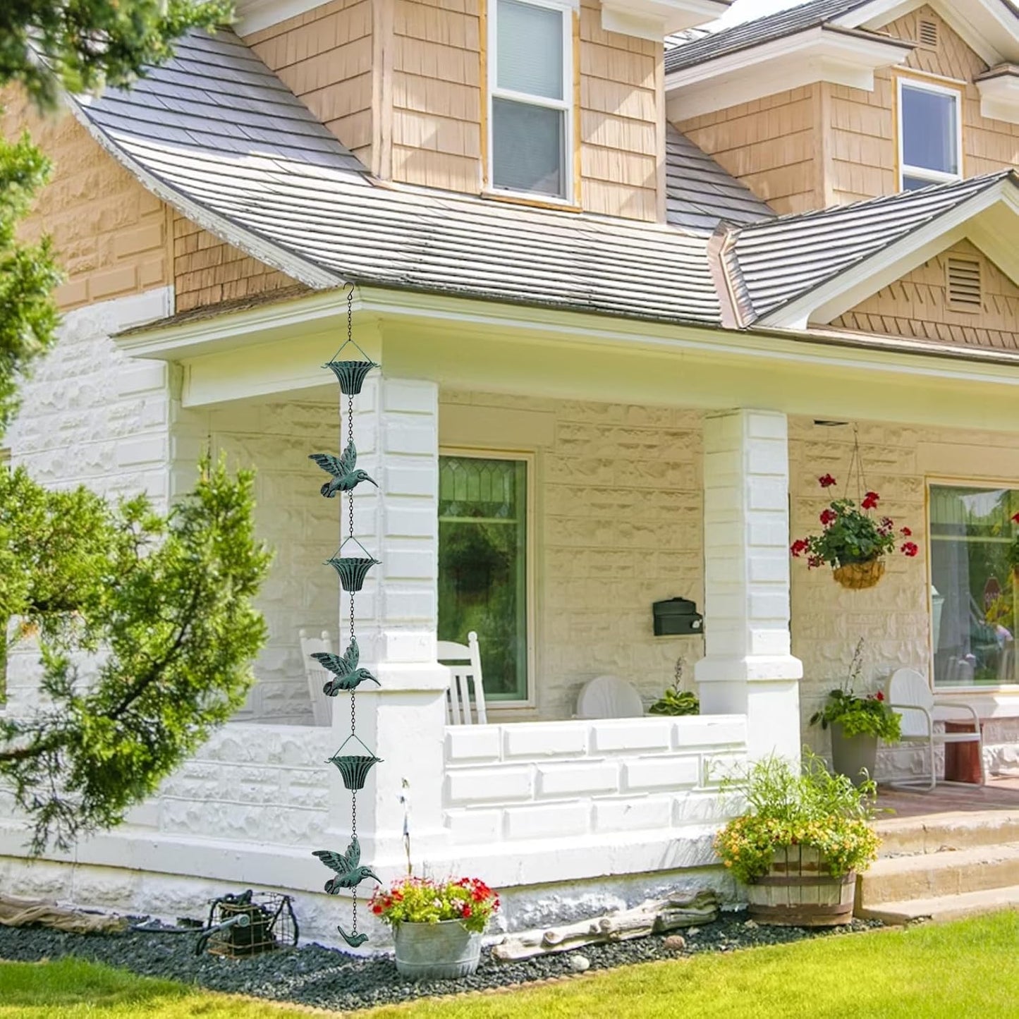 Rain Chain 8 FT,Wrought Iron Rain Chains for Gutters,Rain Chains for Outside with Hummingbird and Cup Rain Chains,Rainwater Catcher Chain, Outdoor Garden Decor(Antique Blue)