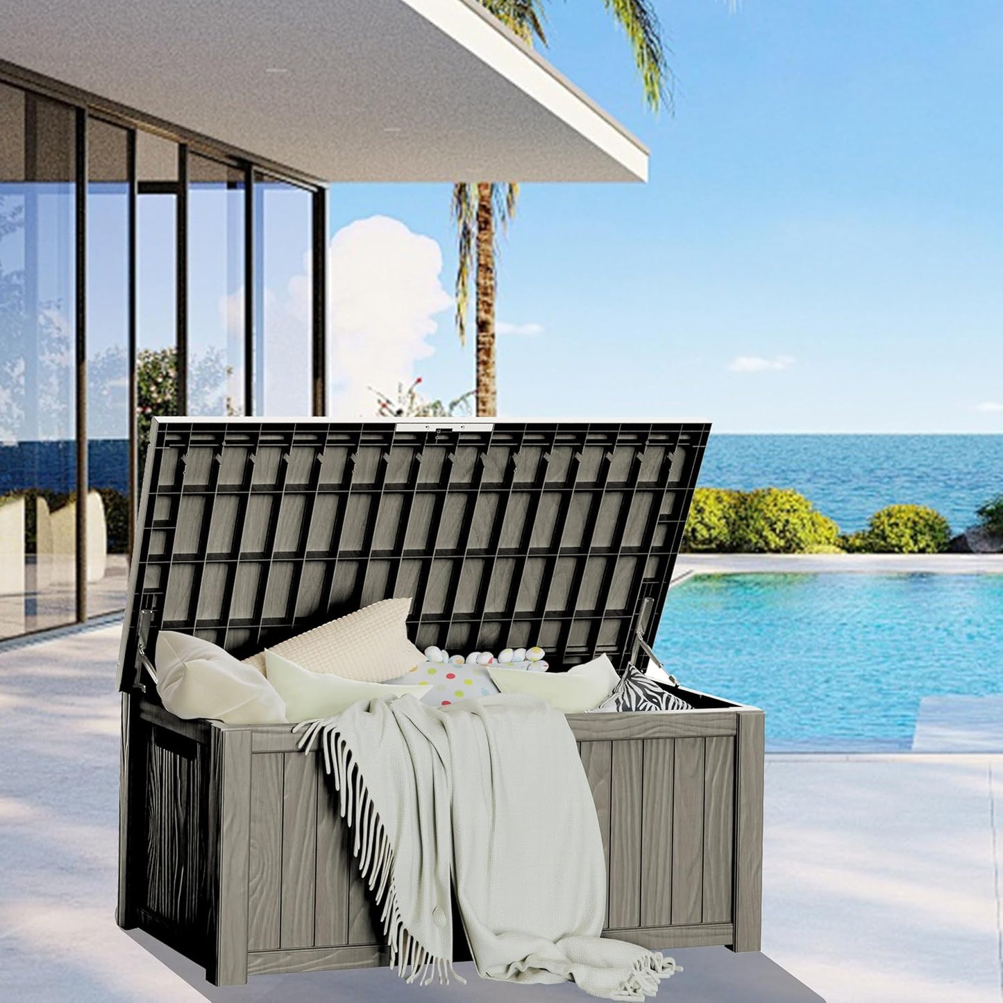 150 Gallon Outdoor Storage Box Waterproof Large Resin Deck Box Indoor/Outdoor Lockable Storage Container and Seating for Garden, Pool, and Patio (150 Gallon, Grey)