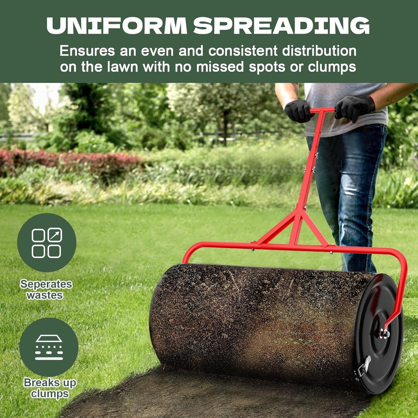 Compost Peat Moss Spreader for Lawn, 30 Inch Compost Roller Spreader with Adjustable T-Shaped Handle, Upgraded Side Clasps, Durable Lightweight Metal Roller, Lawn Garden Yard Care