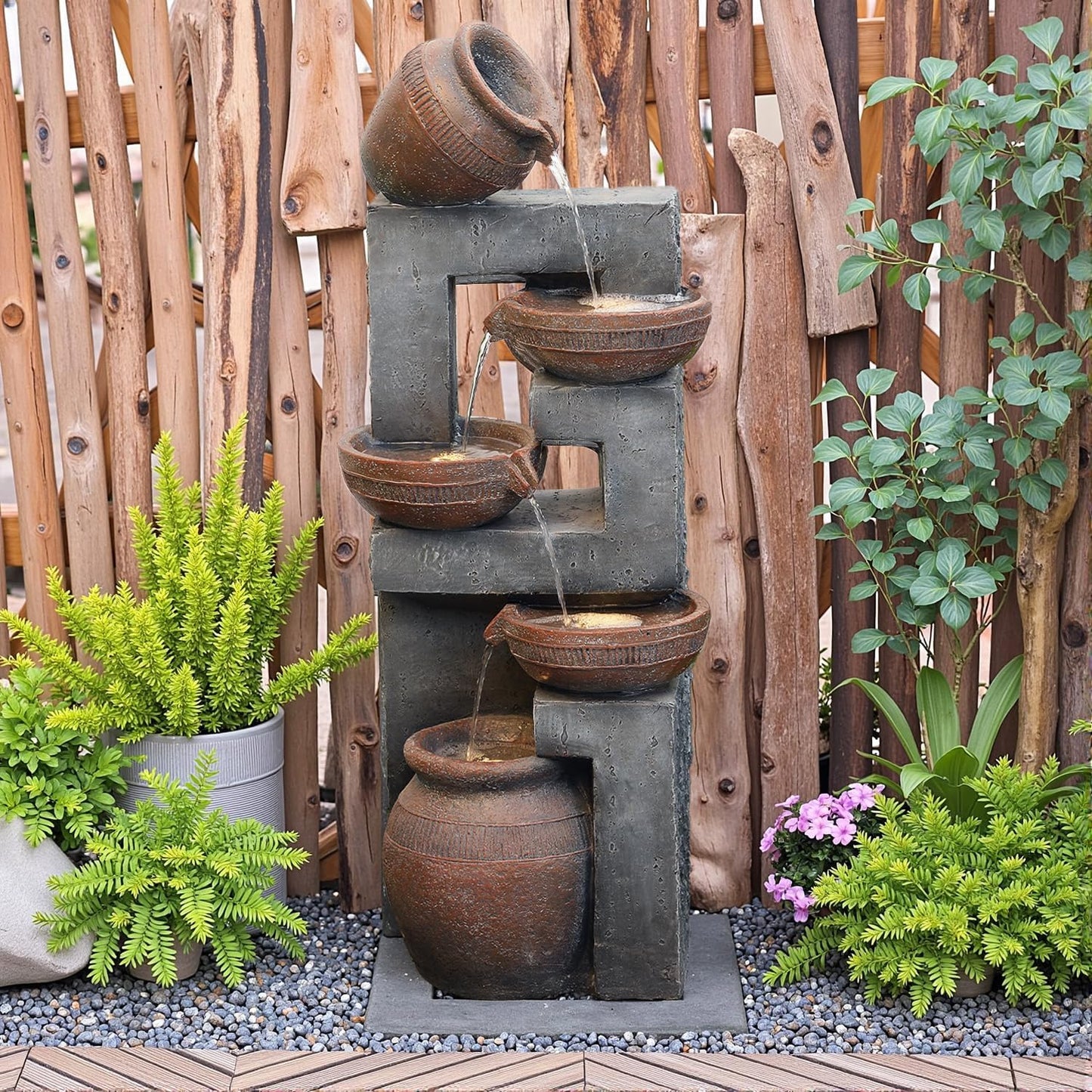 33.8" H Water Fountain Outdoor with LED Lights & Pump, 5-Tier Cascading Outdoor Fountain for Garden,Patio,Porch,Backyard,Home Art Decor (Brown)