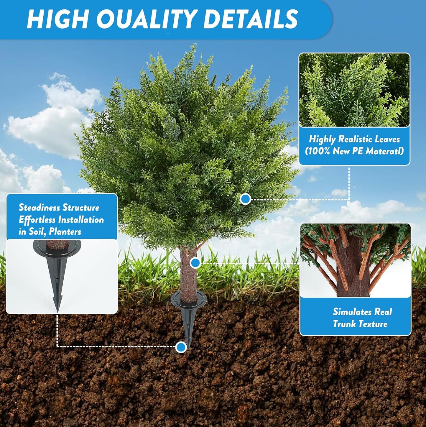 Artificial Cedar Shrub Ball Trees Two 15.8inch with Ground Spikes, can be Planted in The Ground and in pots, Outdoor Artificial Plants Resistant to UV Rays