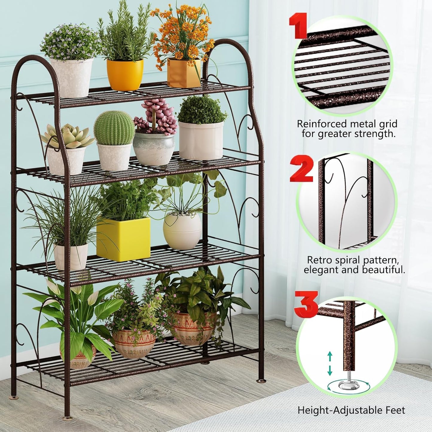 SORCEDAS Plant Stand Indoor Outdoor Plant Shelf 4 Tier Metal Corner Flower Stand Multiple Holder for Patio Garden Balcony Living Room ,Bronze