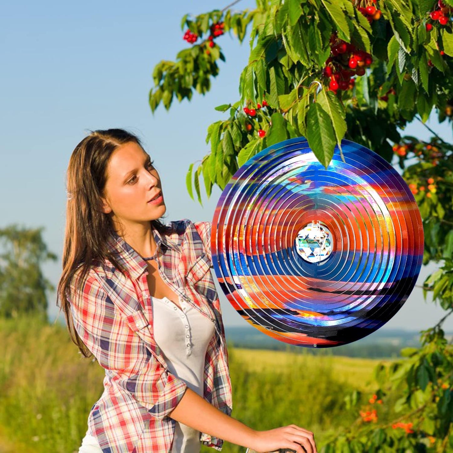 FONMY Mandala Wind Spinner w/Crystal Ball-Rosy Down 3D Stainless Steel Hanging Spinners Worth Gift Christmas Decoration Indoor/Outdoor Garden Décor Kinetic Yard Art 12 Inches Wind Sculpture