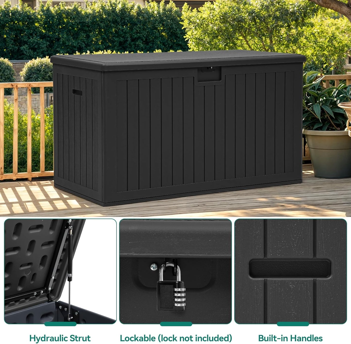 YITAHOME 200 Gallon Double-Wall Deck Box with Divider & Side Handles, Outdoor Large Storage for Patio Furniture Cushions, Garden Pool Accessories, Water Resistant & Lockable(Black)