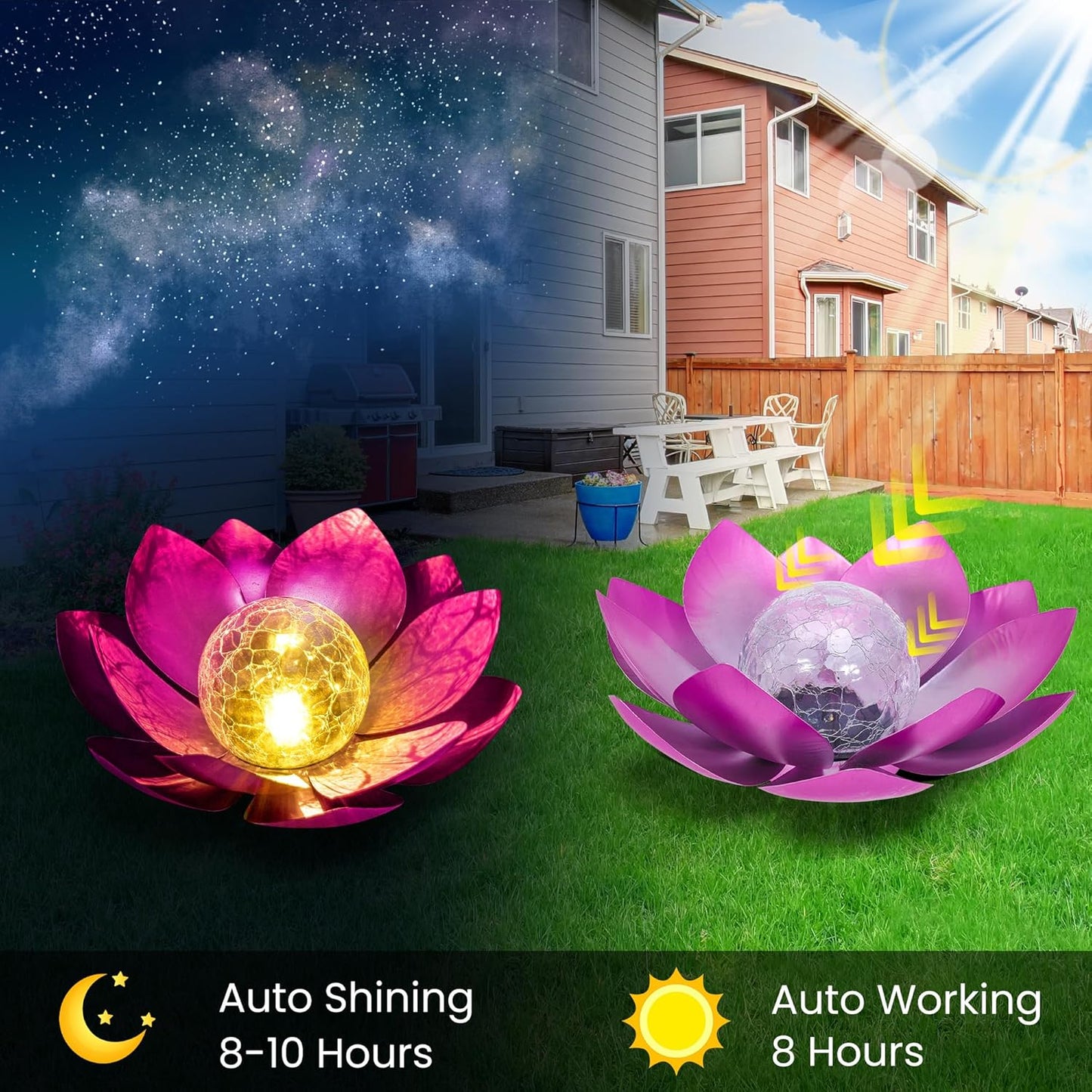 HPC Decor Solar Lights Outdoor Garden Decor - Art Crackle Globe Glass Lotus Decoration, Waterproof LED Metal Flower Lights for Outdoor Decor on Patio,Lawn,Walkway,Table,Perfect Gifts (Purple 11in)