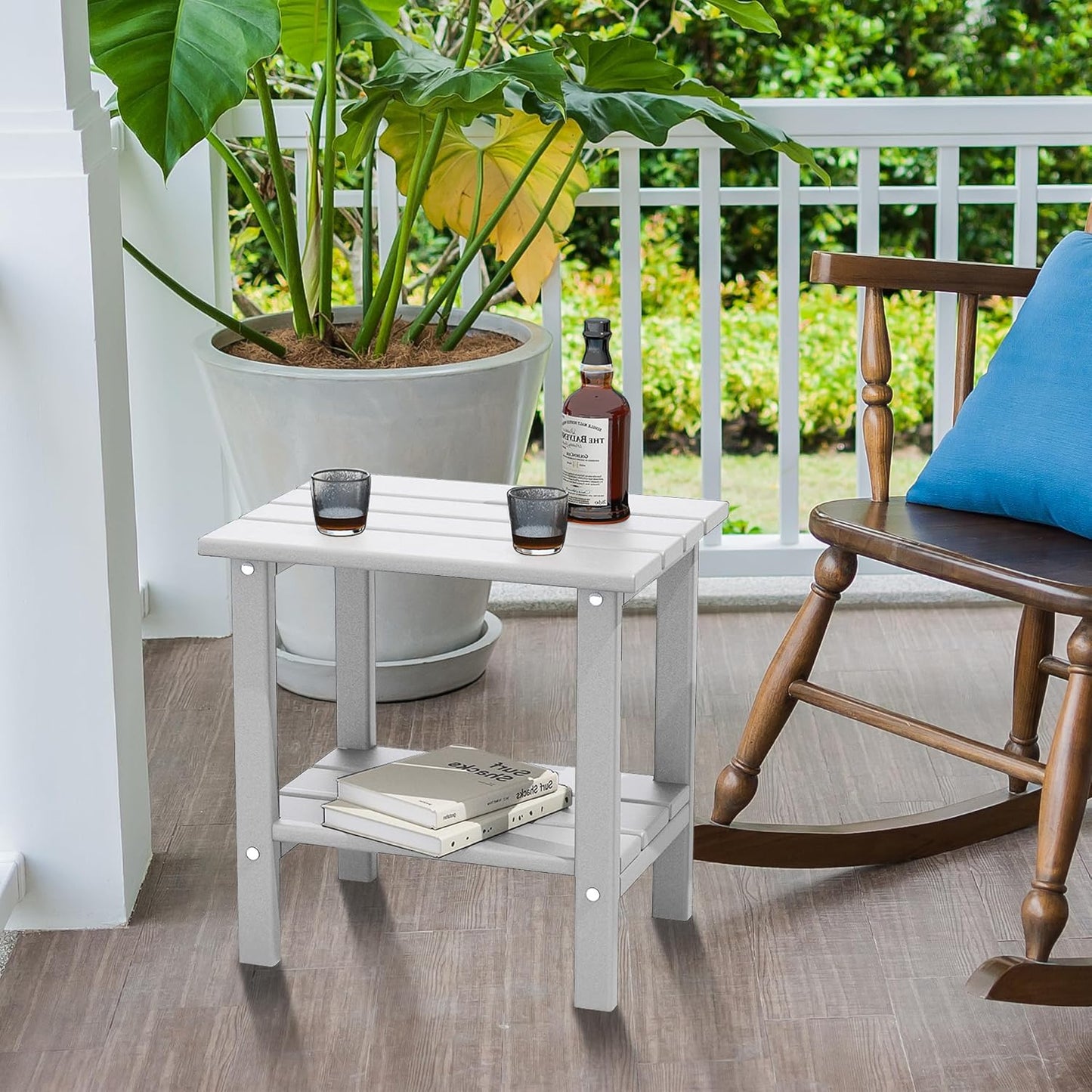 Outdoor Side Table, Weather Resistant HDPE Outdoor Table, 2-Tier Small Patio Tables for Outside or Indoor (White)