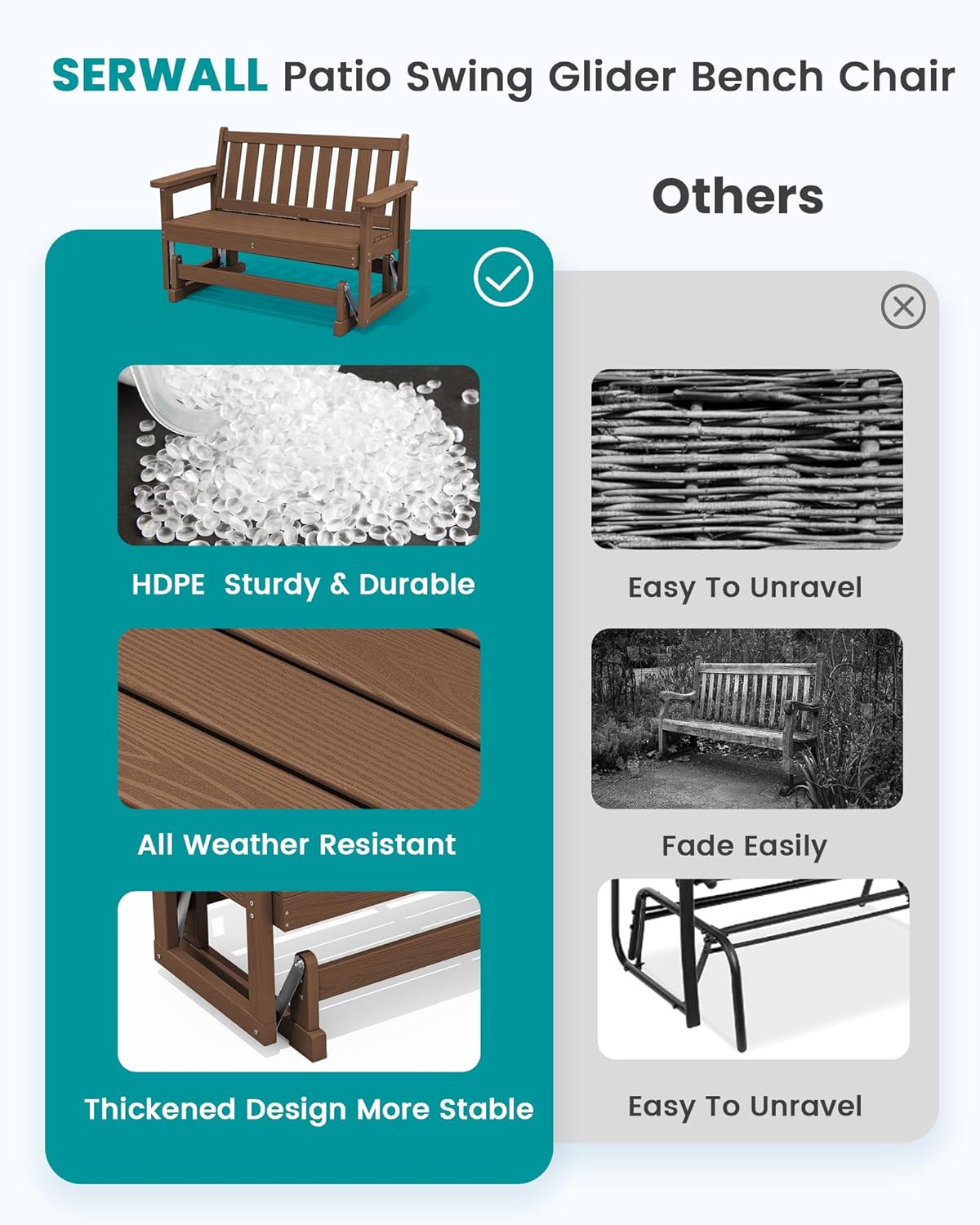 SERWALL 2 Person Patio Glider Rocking Chair, HDPE Material Weather-Resistant Swinging Bench for Outdoor Porch Garden, Brown