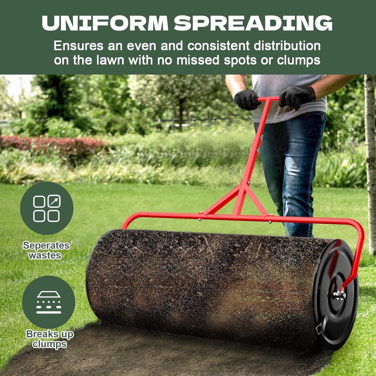 Compost Peat Moss Spreader for Lawn, 36 Inch Compost Roller Spreader with Adjustable T-Shaped Handle, Upgraded Side Clasps, Durable Lightweight Metal Roller, Lawn Garden Yard Care