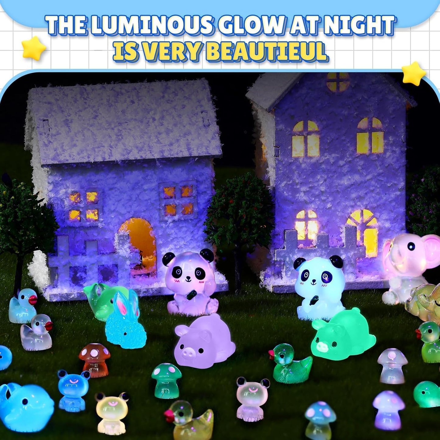 Luminous Mini Resin Animals - 138 Pcs Tiny Animals Mini Ducks Tortoise Rabbit Panda Mushroom Fruits Seashells Set Figurines Glow in The Dark Garden Miniatures Fairy Garden Accessories (138)