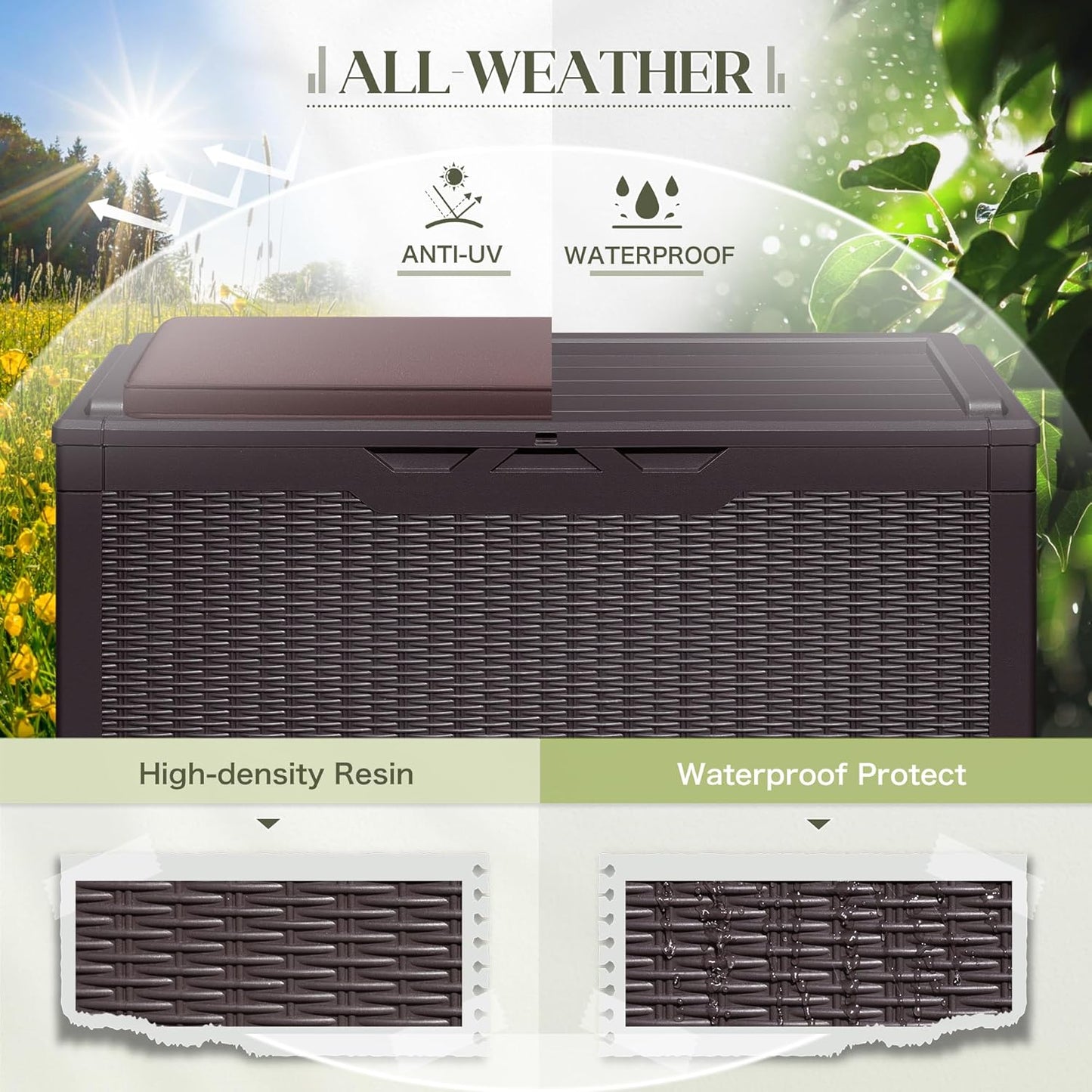 Greesum 100 Gallon Resin Deck Box Large Outdoor Storage with Cushions for Patio Furniture, Garden Tools, Pool Supplies, Weatherproof and UV Resistant, Lockable, Dark Brown