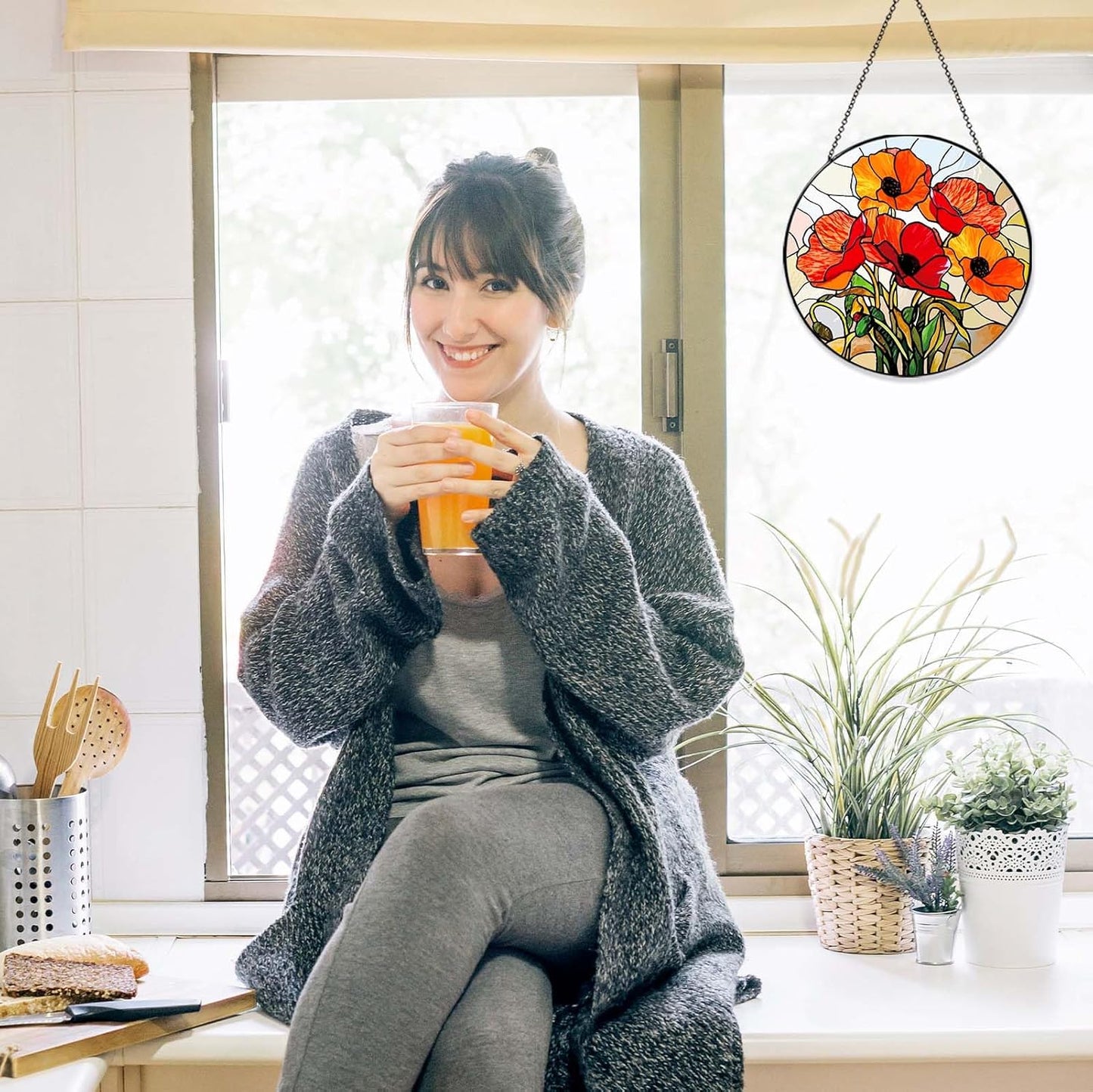 California Poppy Forest Sun Catcher Stained Glass Window Hanging Flower Lover Gifts for Women Red Poppy Wall Decor Handmade Suncatcher Decoration for Home Garden Housewarming Gifts