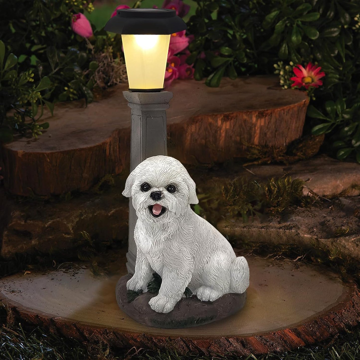 Solar Dog Garden Statues with Lantern, Resin Bichon Dog Sculpture with Warm White Light for Outside Lawn Porch Patio