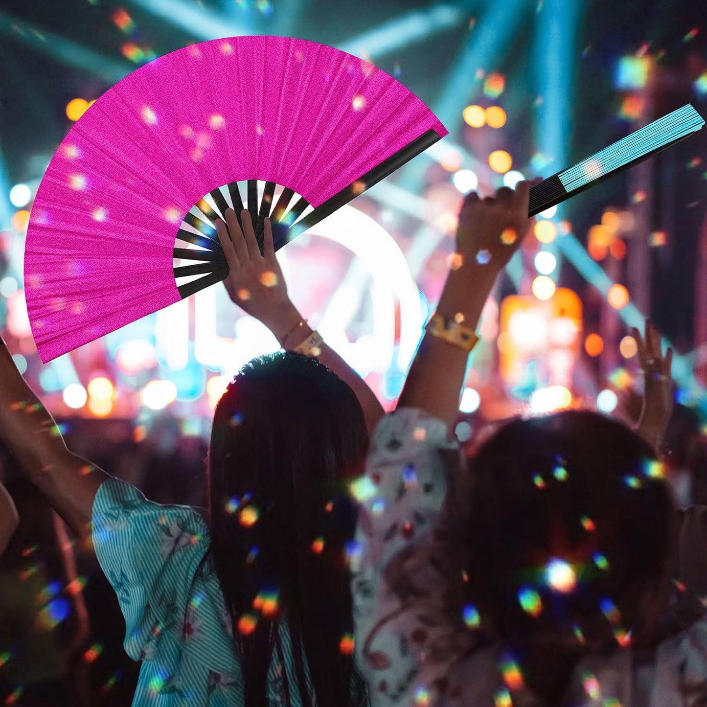 Maitys 2 Packs Large Clap Fans for Line Dancing Large Chinese Folding Hand Fans for Men and Women, Festival, Tai Ji, Kungfu, Martial Art, Gifts (Glitter Rose Red and Blue)