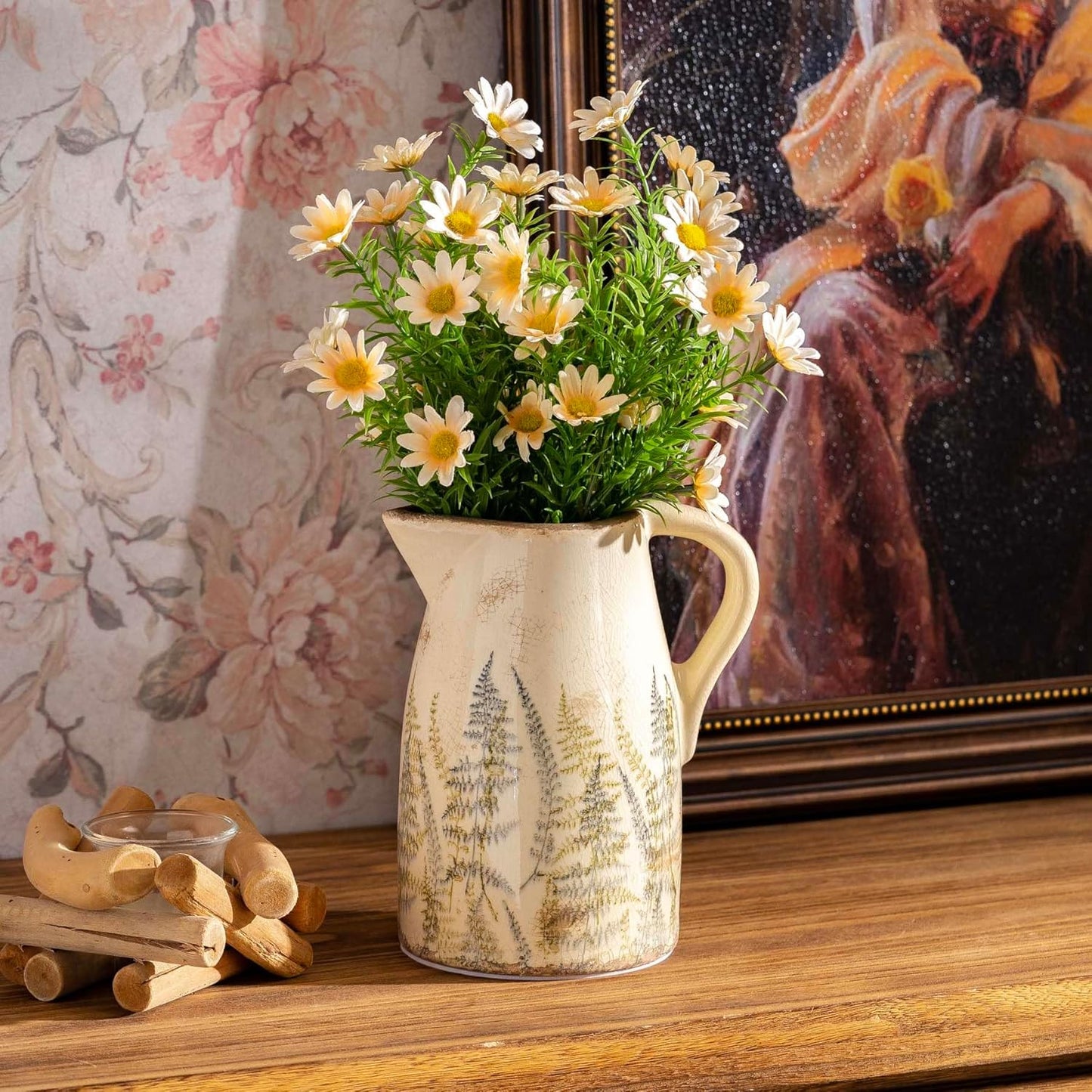 Vintage Ceramic Pitcher Vase with Handle, Farmhouse Green and Purple Large Floral Vases, French Country Decorative Vase, Rustic Table Centerpiece for Home Decor, Bookshelf, Office 7.3 Inch