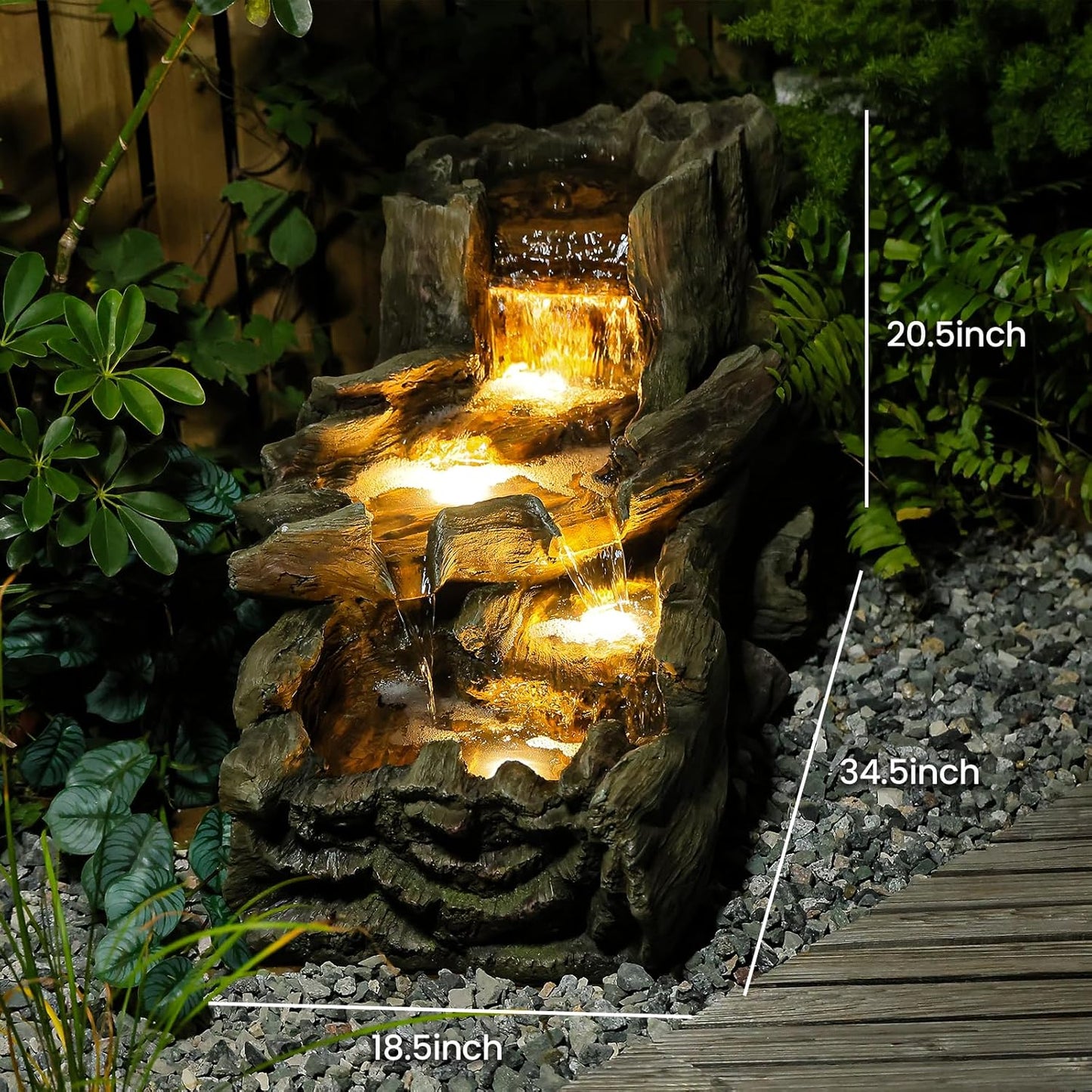 34.5" L Garden Outdoor Water Fountain, Floor Standing Wood Imitation Resin Natural Waterfall Fountains with LED Lights for Patio, Porch, Home Art Decor