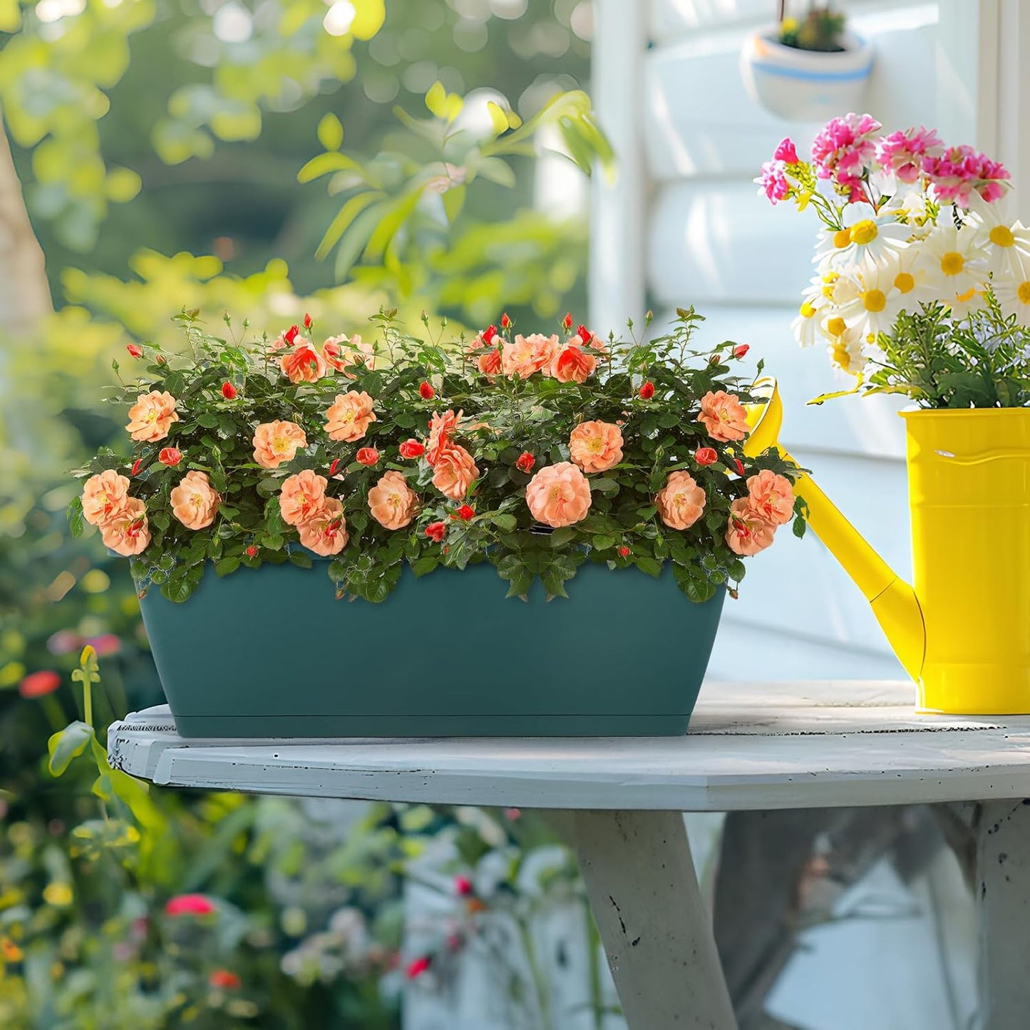 HAITRAL Railing Planter Boxes (16.9 Inch, 4 Pack) Green Plastic Deck Rail Planter for Outdoor Plants, Hanging Window Boxes Planter with Drainage Tray for Over Rail Porch Fence,Balcony & Home Decor