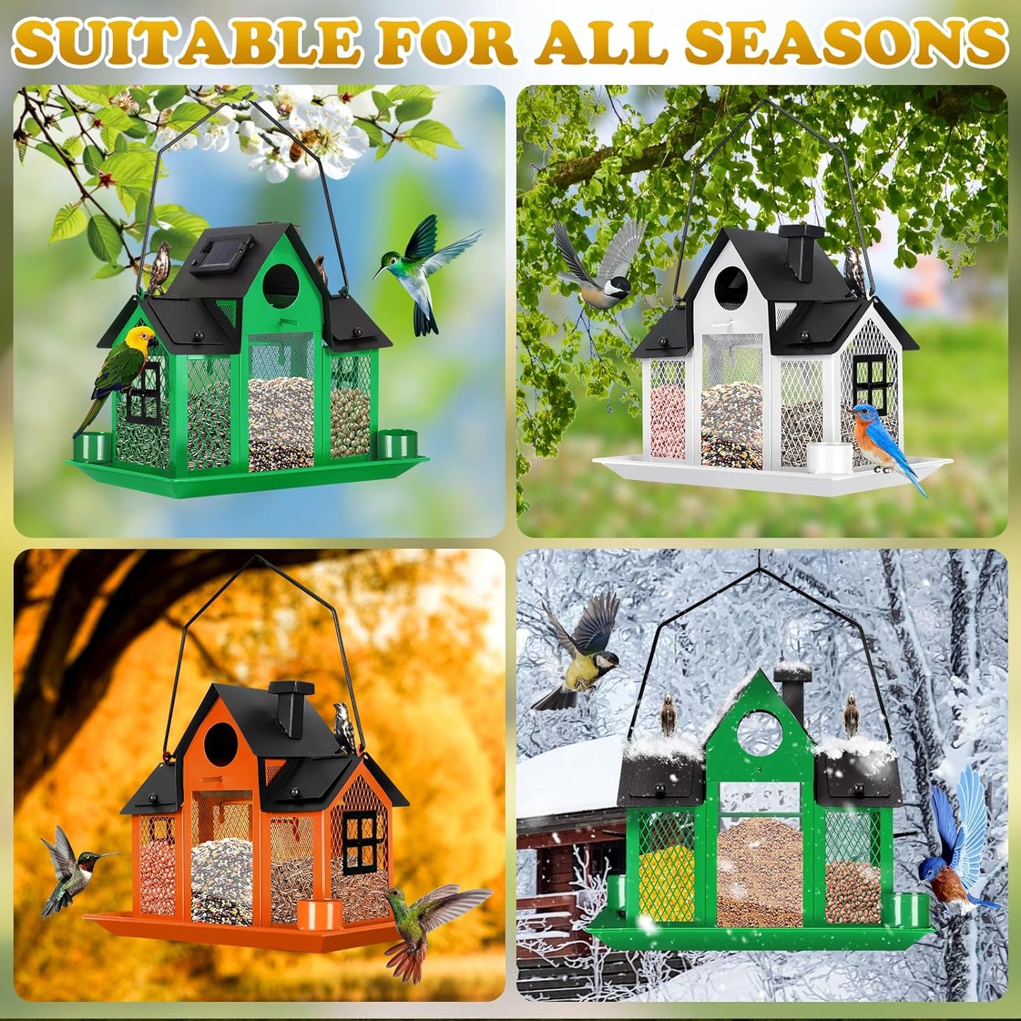 Solar Bird Feeders House for Outside Hanging, Metal Wild Bird Feeder for Outdoors, Large Cardinal Bird Feeder Birdhouses Green