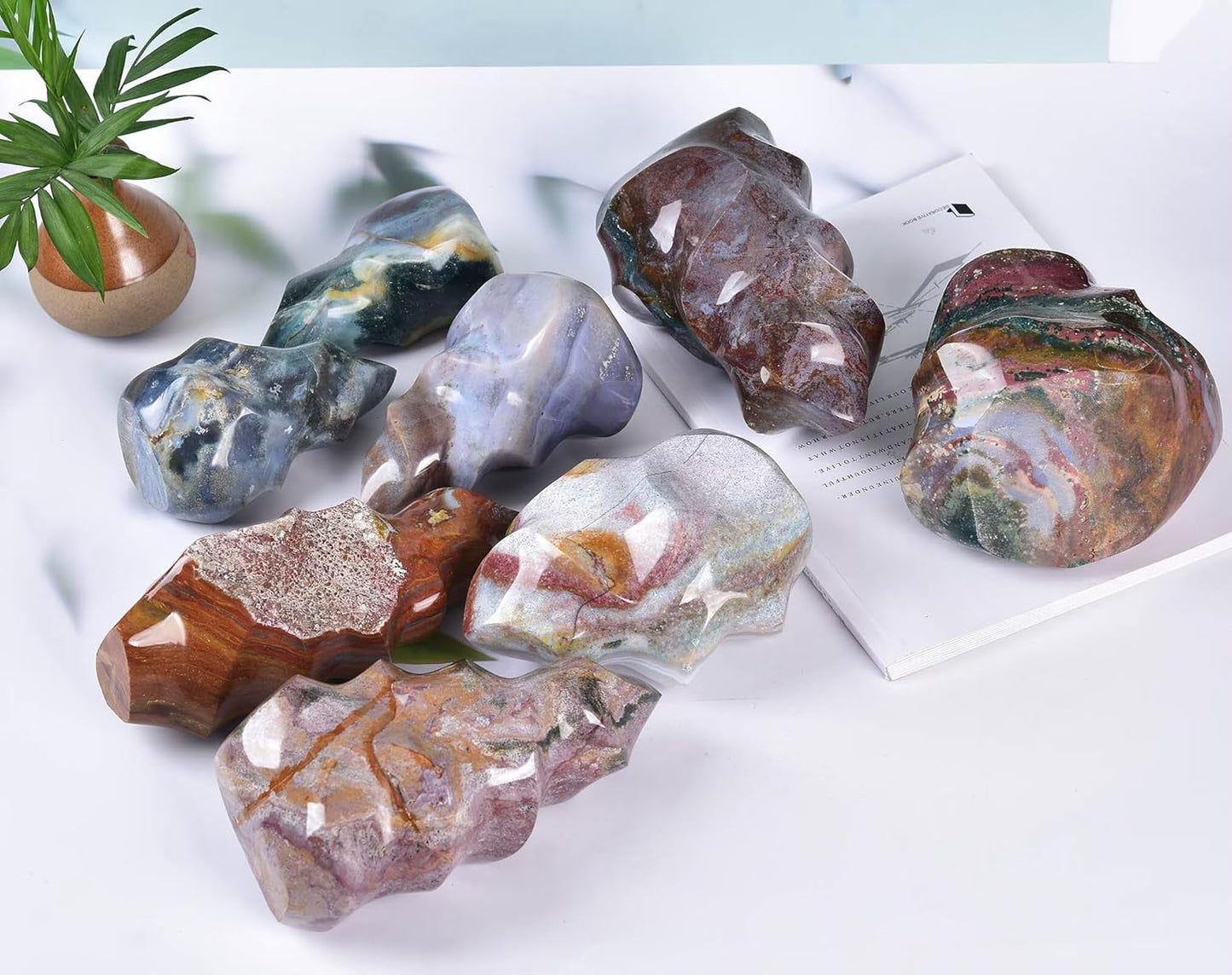 AMOYSTONE Ocean Jasper Flame Shaped Stone Towers Obelisk Natural Healing Crystal Quartz Reiki Energy Decoration Home Office Decor 3.3-4.0LBS