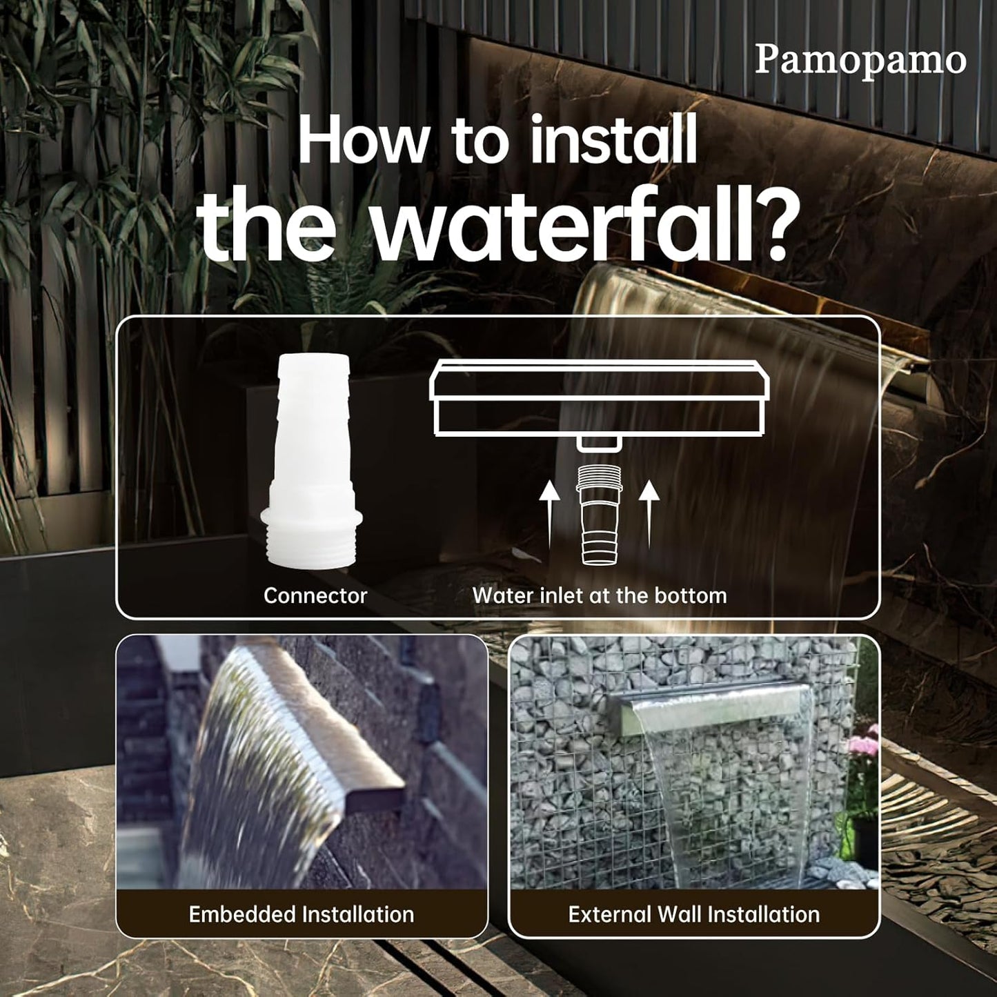 Pond Waterfall Spillway Stainless Steel Pool Fountain, APP Control LED Lighted Waterfalls Kit, Outdoor Water Flow Waterfalls Kit for Garden Patio Koi Pond Decoration-35.4"x7.8"x3.9"