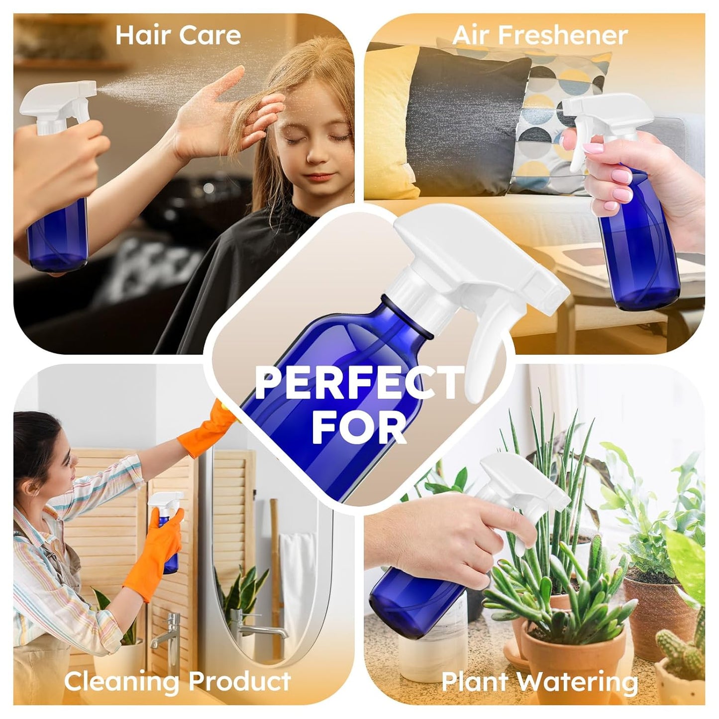 Tecohouse Glass Spray Bottle 8 oz, Blue Small Empty Refillable Sprayer Container with Labels, Funnel, Lids, Graduated Pipettes - Handheld Size