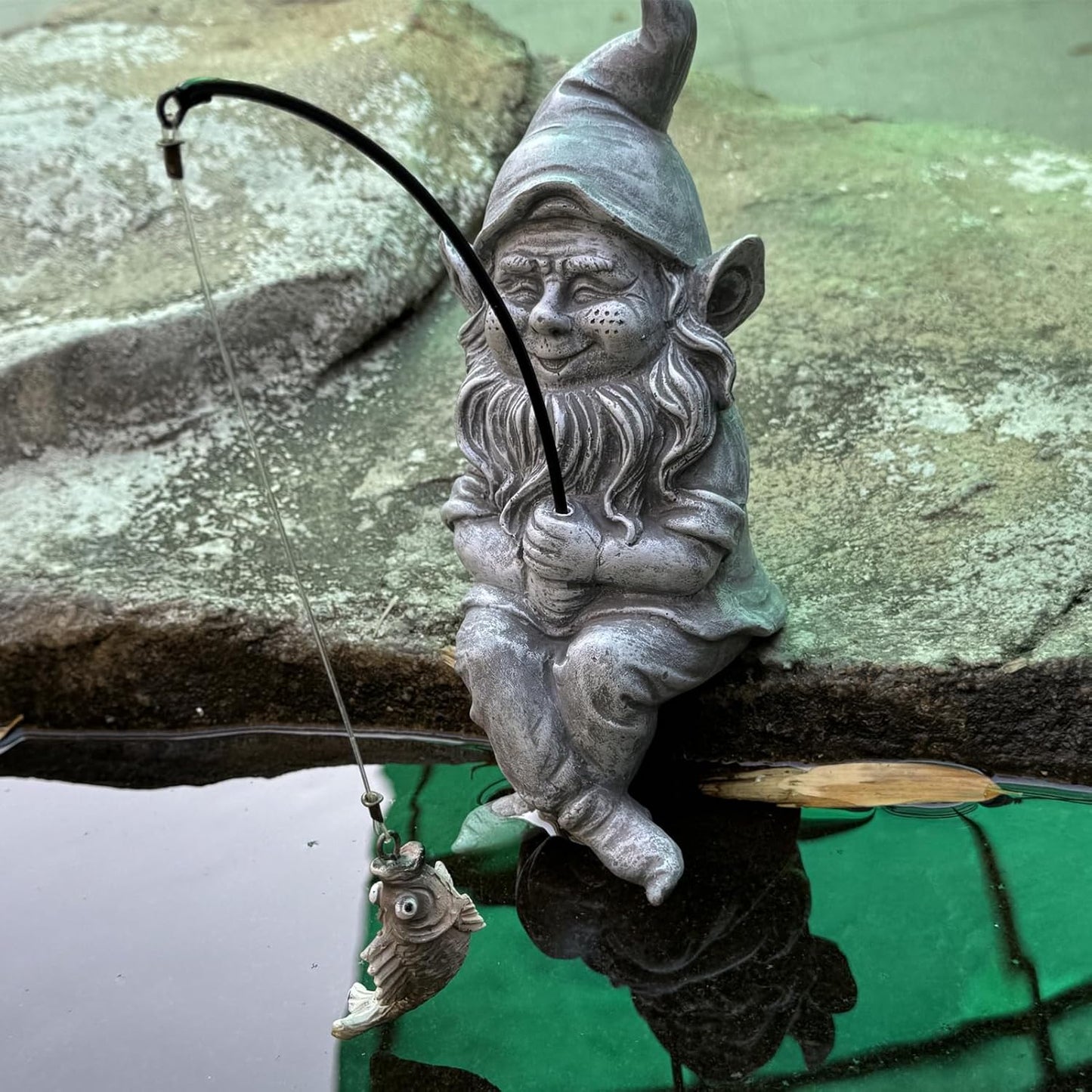 Fishing Gnomes Decoration for Yard Outdoor Garden Decor 9.7 Inch Tall Gnome Statue for Koi Pond, Waterfalls or Poolside Ornaments, Fisher Guy Outdoor Statues, Gift for Mom & Women