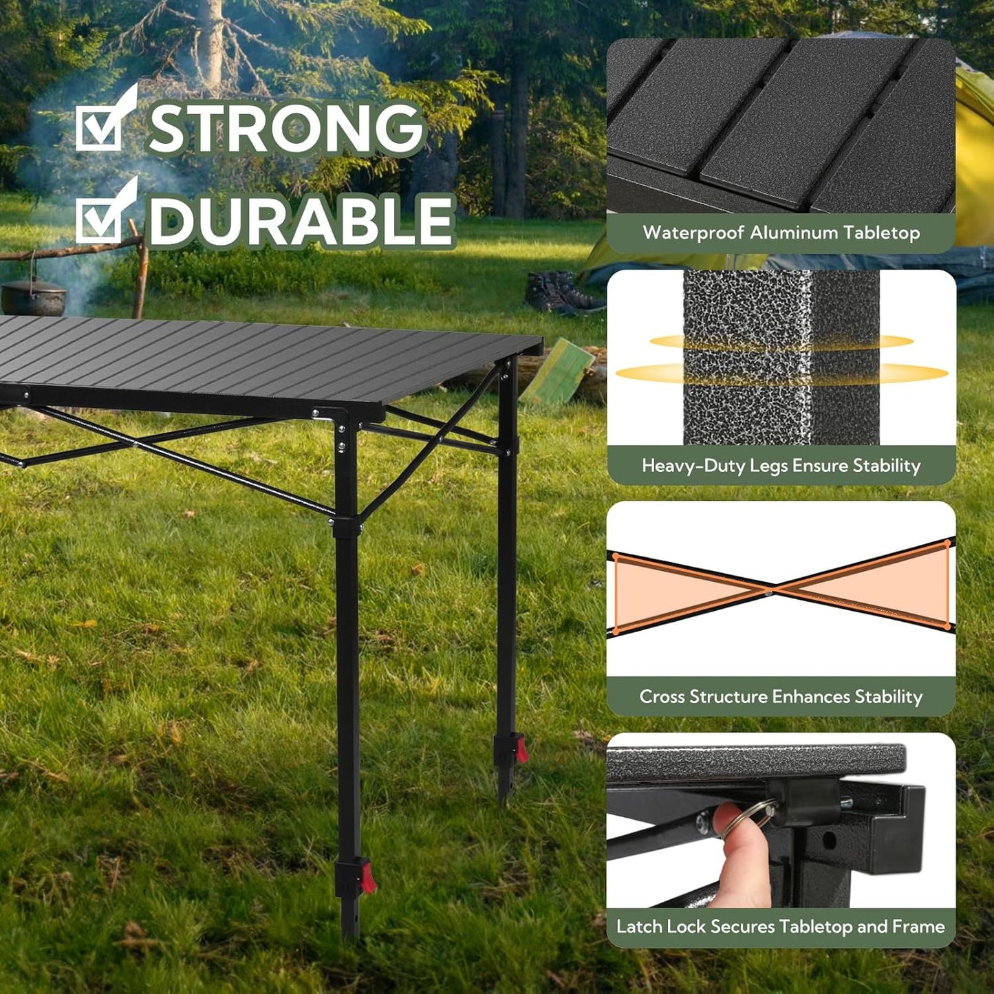 Portable Outdoor Adjustable Height Camping Table, Large for 2-6 Person, Foldable Roll-up Aluminum Camp Table with Carry Bag for Picnic, Camp, Sturdy, Stable, Loads 220 Lbs (Black)