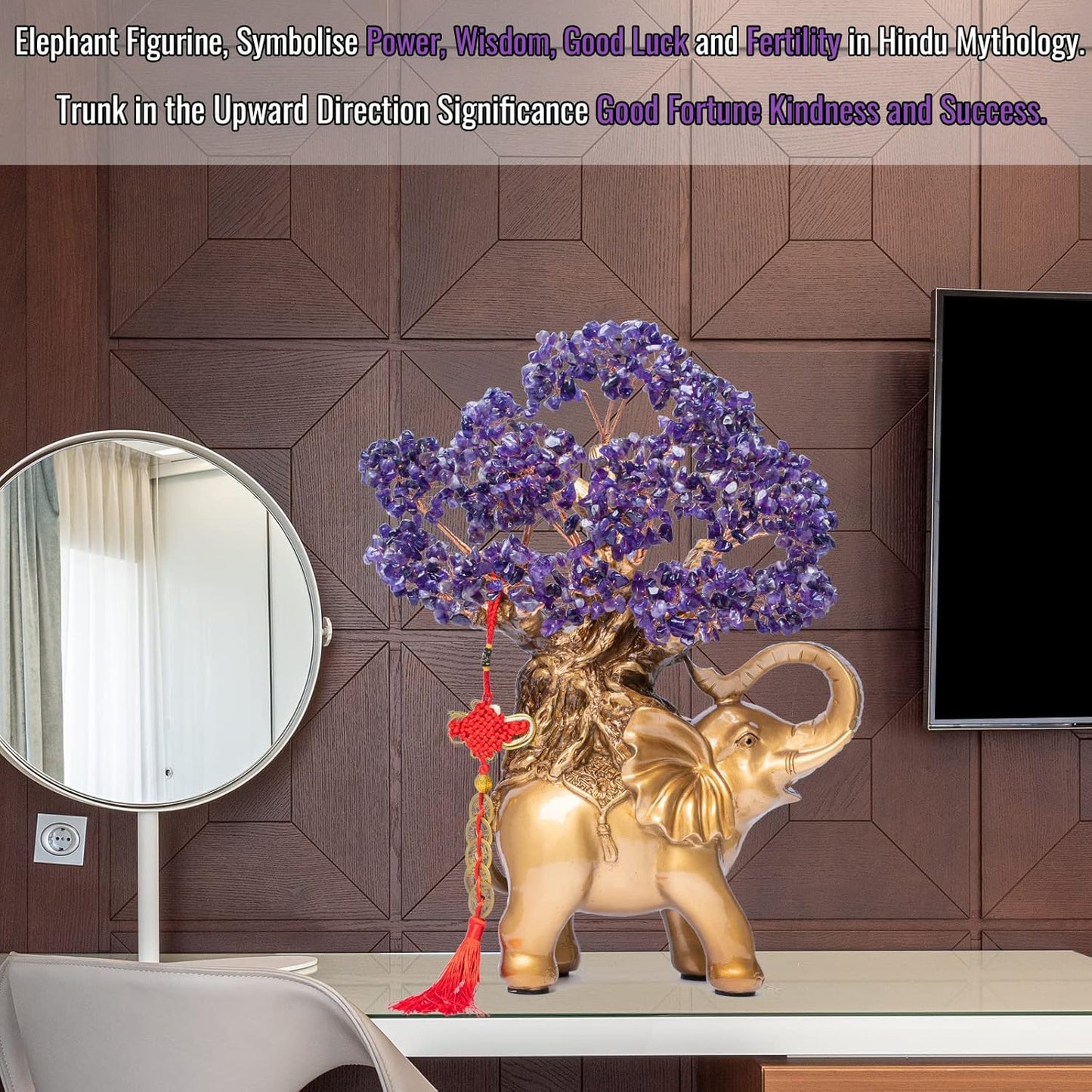 Amethyst Crystal Money Tree on Gold Elephant Statue, 17”Large Gemstone Bonsai Tree of Life Home Décor Gifts for Wealth Positive Energy, Feng Shui Décor