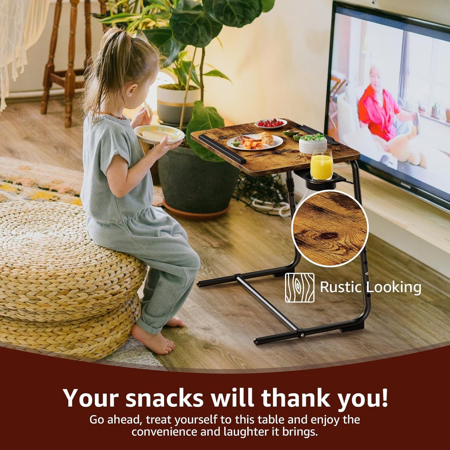 TV Trays Set of 4 - Folding TV Tray Adjustable Dinner Trays for Eating On Couch Wooden Tables Mate Stand Foldable Rustic Desk with Cup Holder Portable