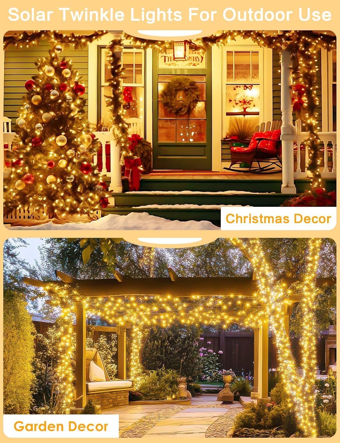 Solar String Lights Outdoor, 4 Pack 160FT 400 LED Solar Twinkle Lights for Outside Waterproof Copper Wire with 8 Modes Solar Fairy Lights for Garden Yard Wedding Christmas Tree Decor (Warm White)