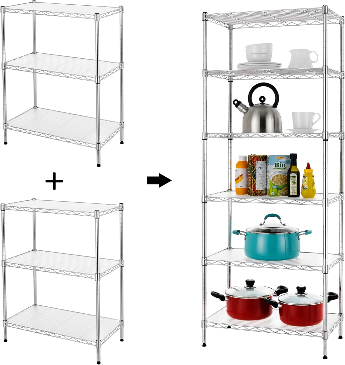 Finnhomy 6-Tier Wire Shelving Unit Adjustable Steel Wire Rack Shelving 6 Shelves Steel Storage Rack or Two 3 Tier Shelving Units with PE mat and Stable Leveling Feet, NSF Certified, Chrome