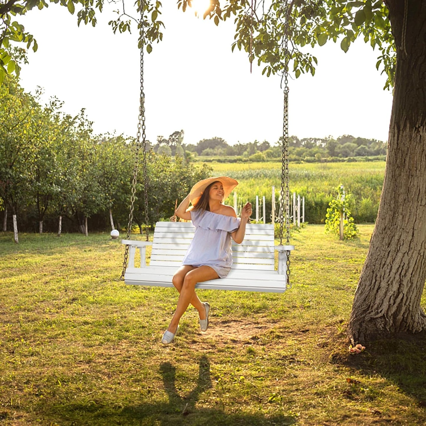 VINGLI Upgraded Patio Wooden Porch Swing for Courtyard & Garden, Heavy Duty 880 LBS Swing Chair Bench with Hanging Chains for Outdoors (White, 4 FT)