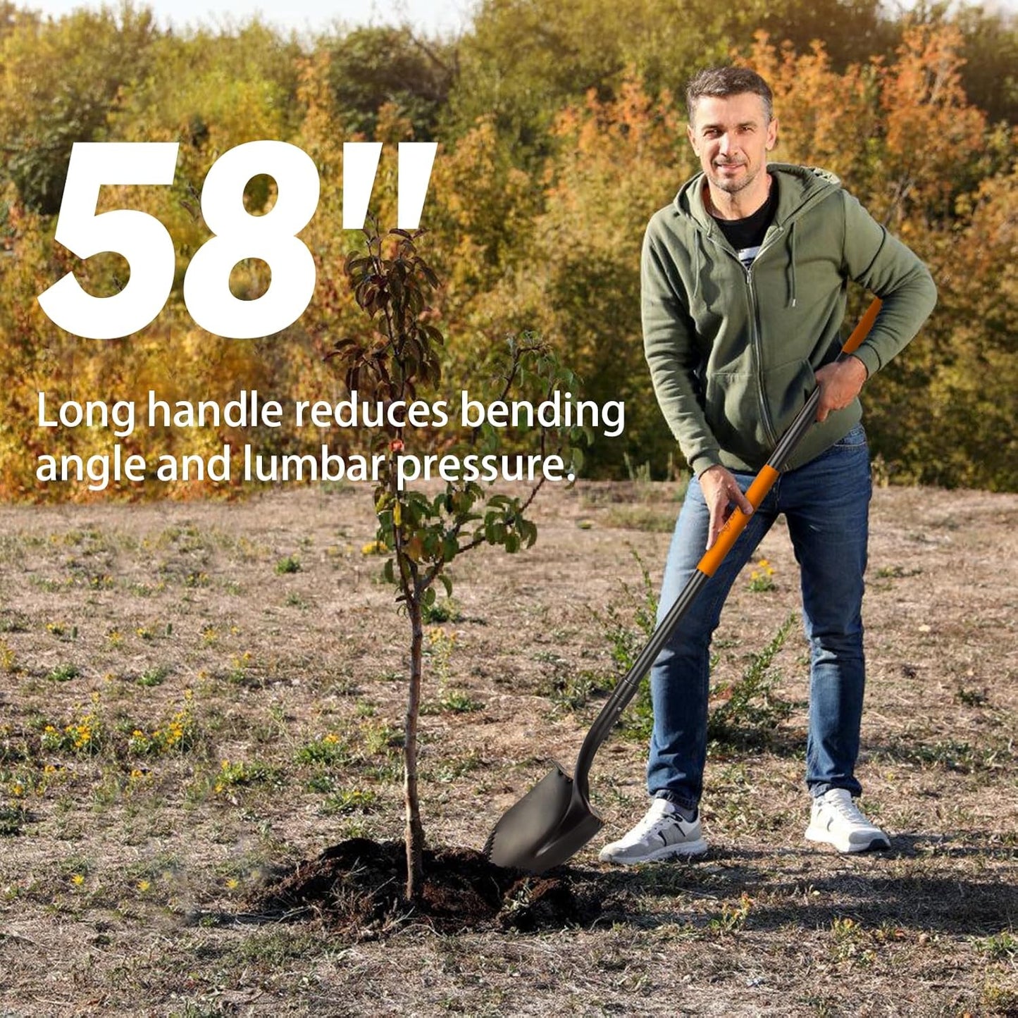 Shovel for Digging, Metal Shovel with Long Fiberglass Handle, Heavy Duty Shovel for Digging, 58 Inches