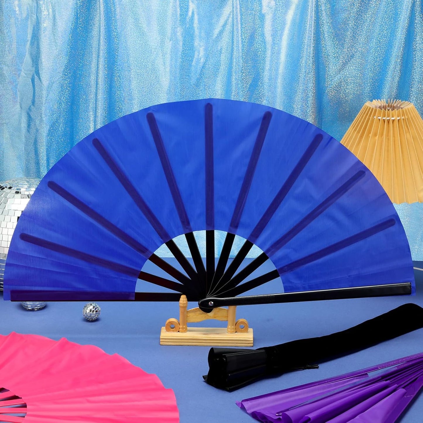 Blulu 4 Pcs 13 Inch Large Folding Hand Fans for Line Dancing Big Clapping Popping Raves Fans Bulk for Dancing Boots on The Ground Festival Party Decoration(Classic Style, Black, Purple, Pink, Blue)