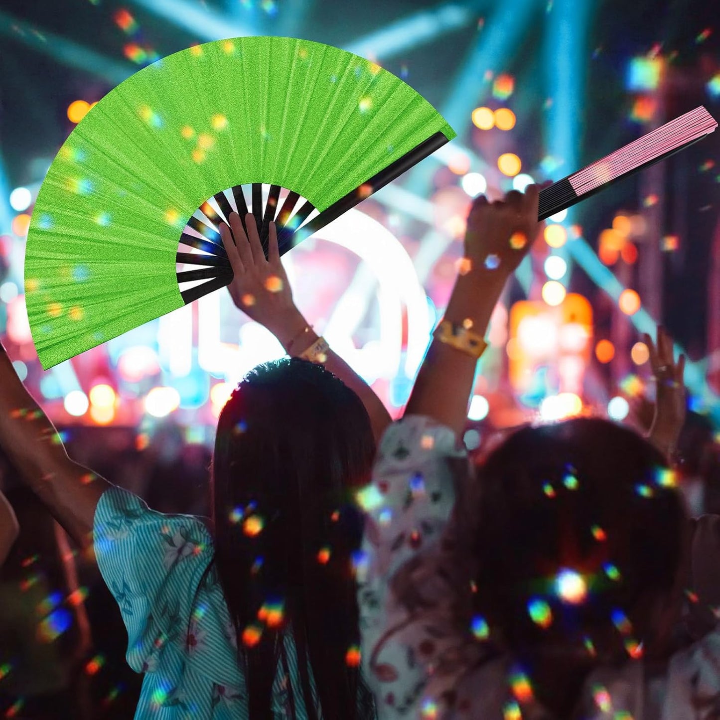 Maitys 2 Packs Large Clap Fans for Line Dancing Large Chinese Folding Hand Fans for Men and Women, Festival, Tai Ji, Kungfu, Martial Art, Gifts (Glitter Green and Pink)