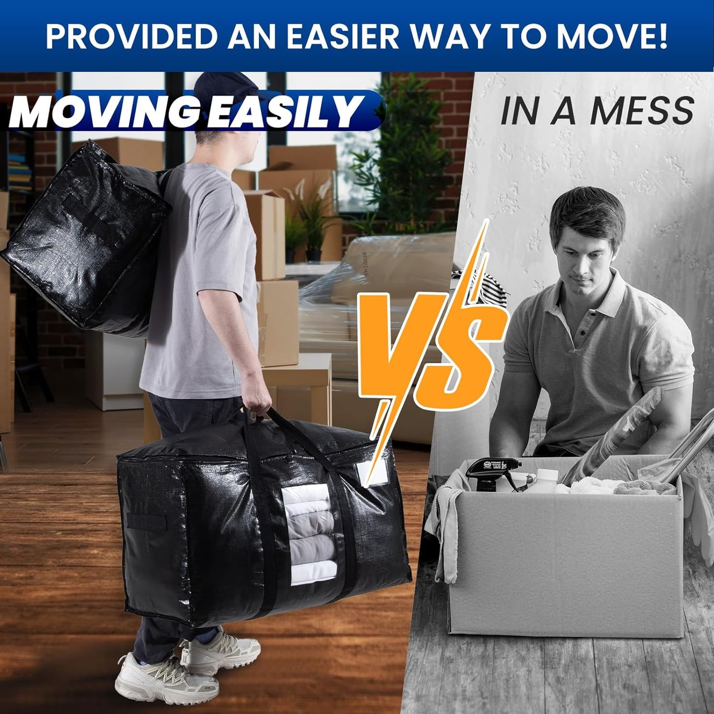 TAILI Extra Large Moving Bags, 2 Pack Black Heavy Duty Totes For Storage with Visible Window, Wrap Around Handles, Storage Bags for Space Saving, Alternative to Moving Boxes