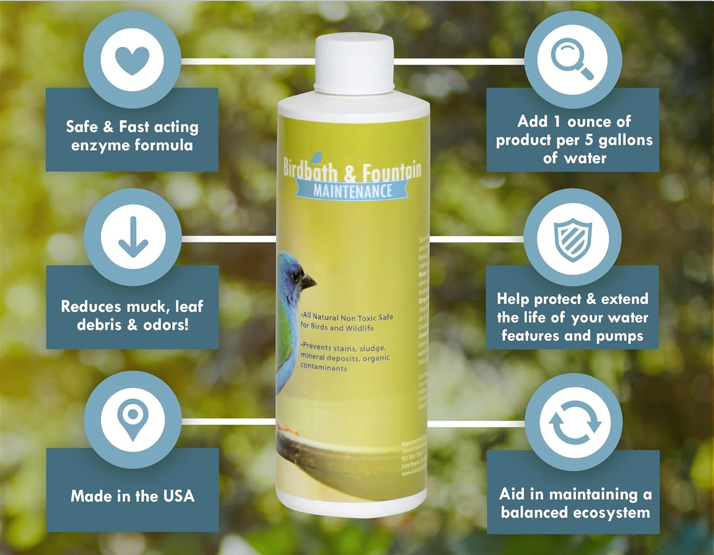Bird Bath & Fountain Maintenance - (8 Ounces) - Fast-Acting Enzyme-Based Formula Will Extend The Life of Your Water Feature, Aid in Maintaining a Balanced Ecosystem - Safe for All Birds & Animals